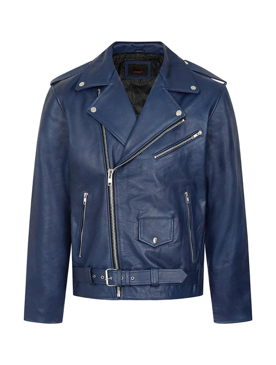 Midnight Blue Leather Biker Jacket – Striking Moto Look with Silver Zipper Detailing (1)