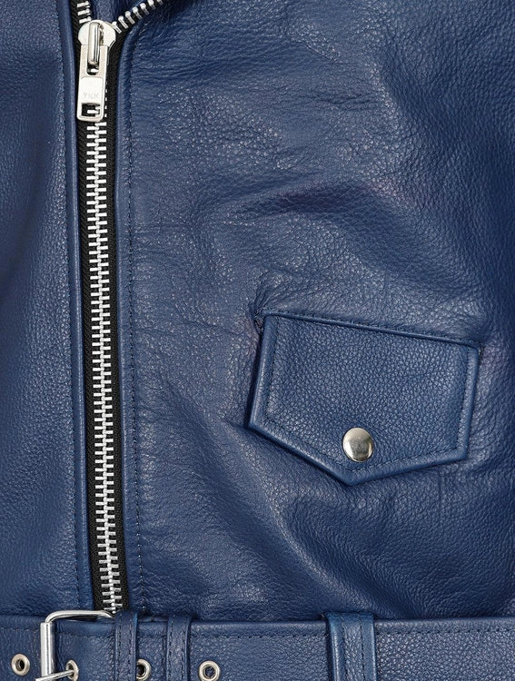Midnight Blue Leather Biker Jacket – Striking Moto Look with Silver Zipper Detailing (2)
