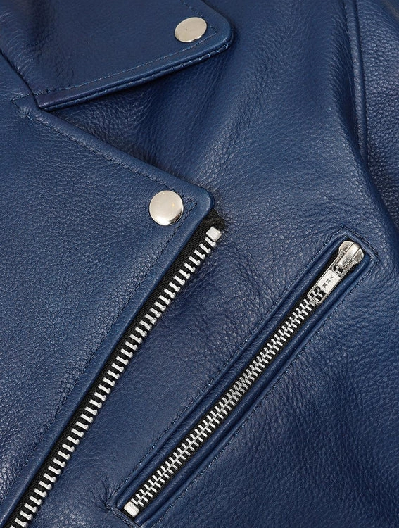Midnight Blue Leather Biker Jacket – Striking Moto Look with Silver Zipper Detailing (3)