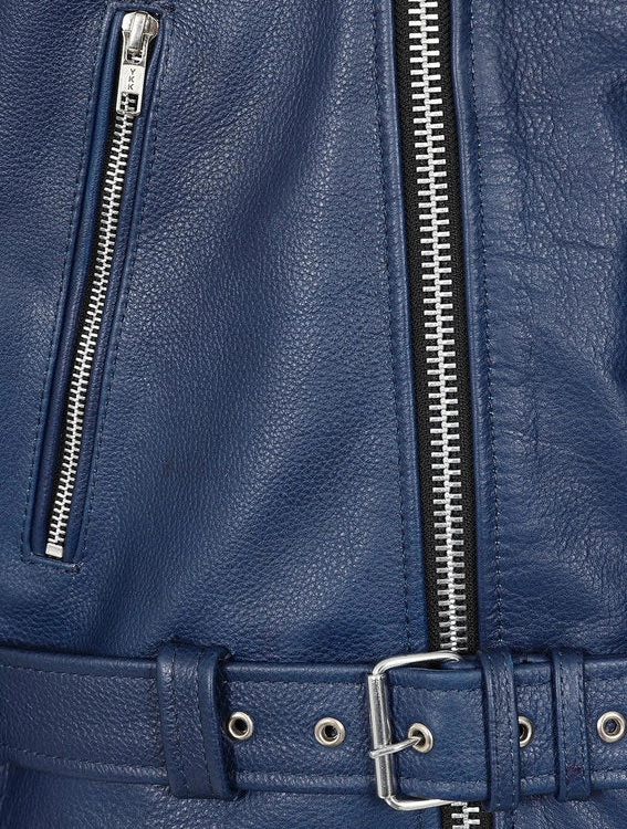 Midnight Blue Leather Biker Jacket – Striking Moto Look with Silver Zipper Detailing (4)