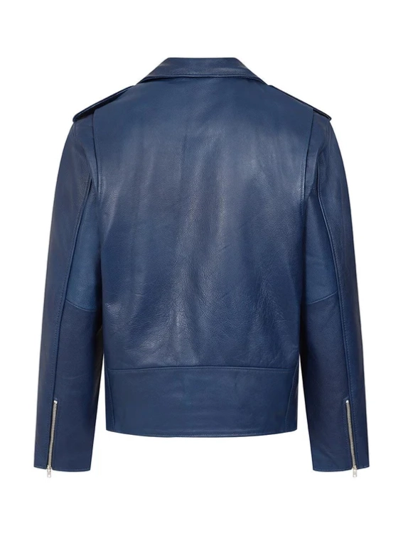 Midnight Blue Leather Biker Jacket – Striking Moto Look with Silver Zipper Detailing (5)