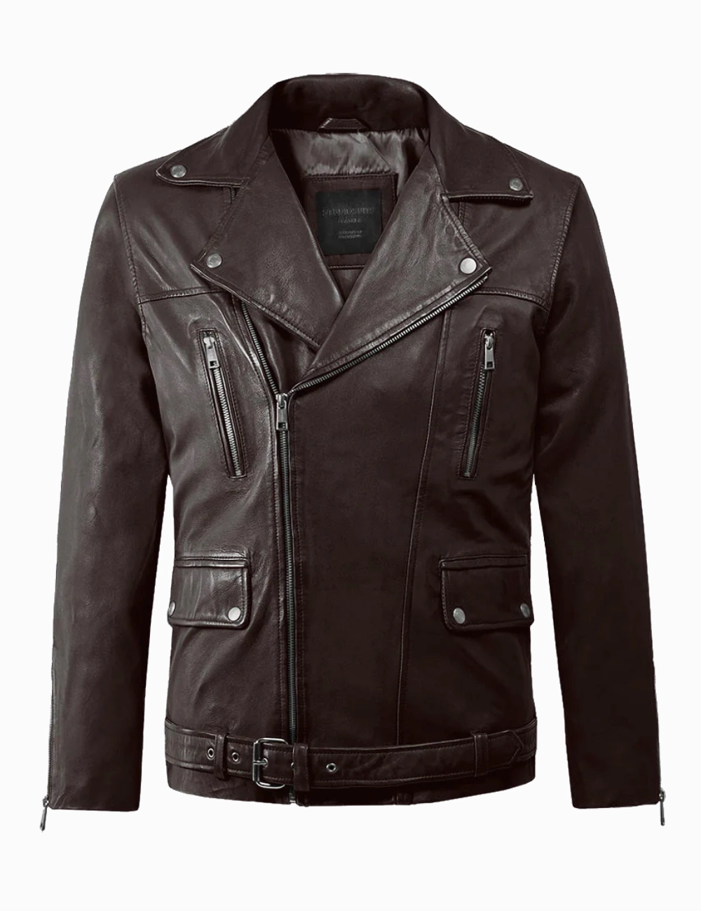 Midnight Espresso Brown Leather Biker Jacket – Timeless Moto Look with Belted Waist (1)