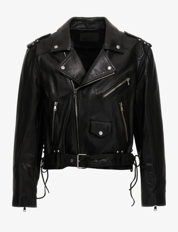 Midnight Marauder Black Leather Biker Jacket – Cropped Moto Look with Lace-Up Detailing (1)