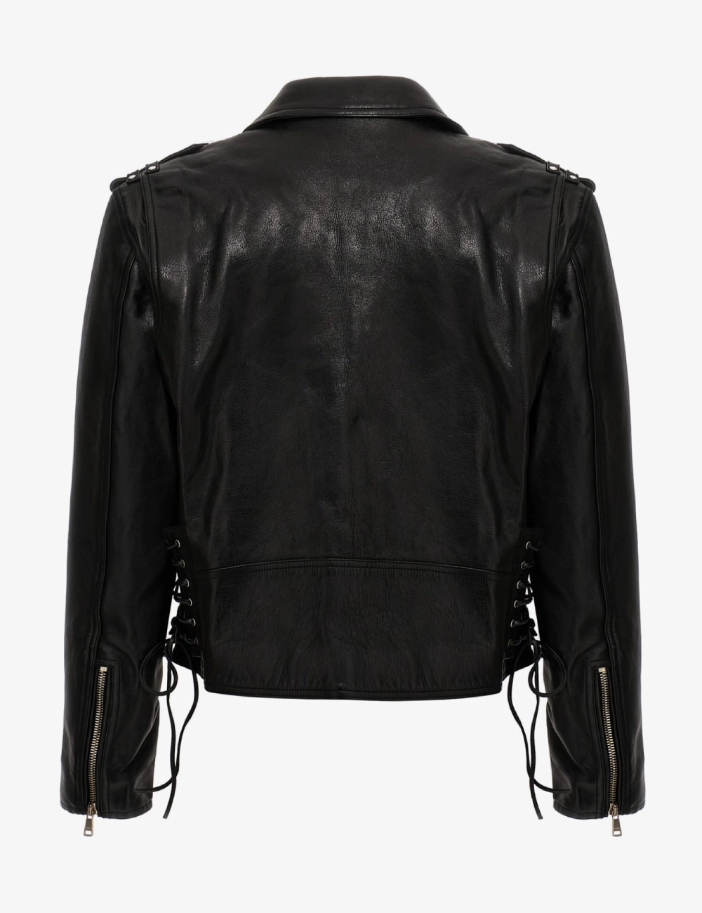 Midnight Marauder Black Leather Biker Jacket – Cropped Moto Look with Lace-Up Detailing (2)