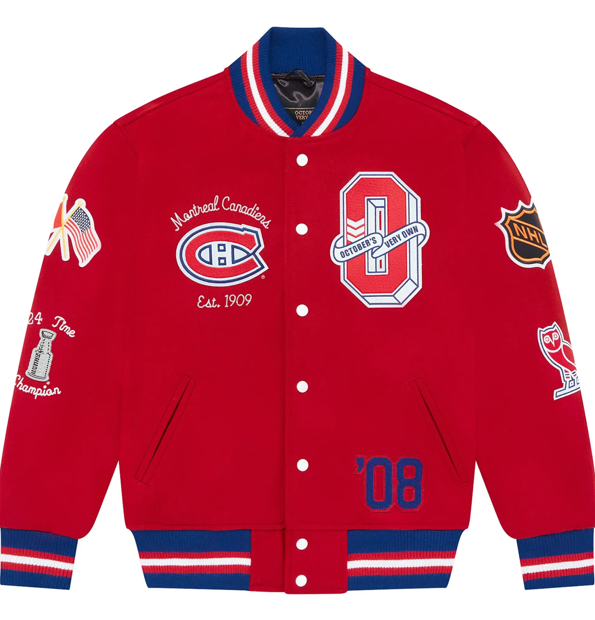 Montreal-Canadiens-OVO-x-NHL-Red-Full-Snap-Varsity-Jacket-leather moto