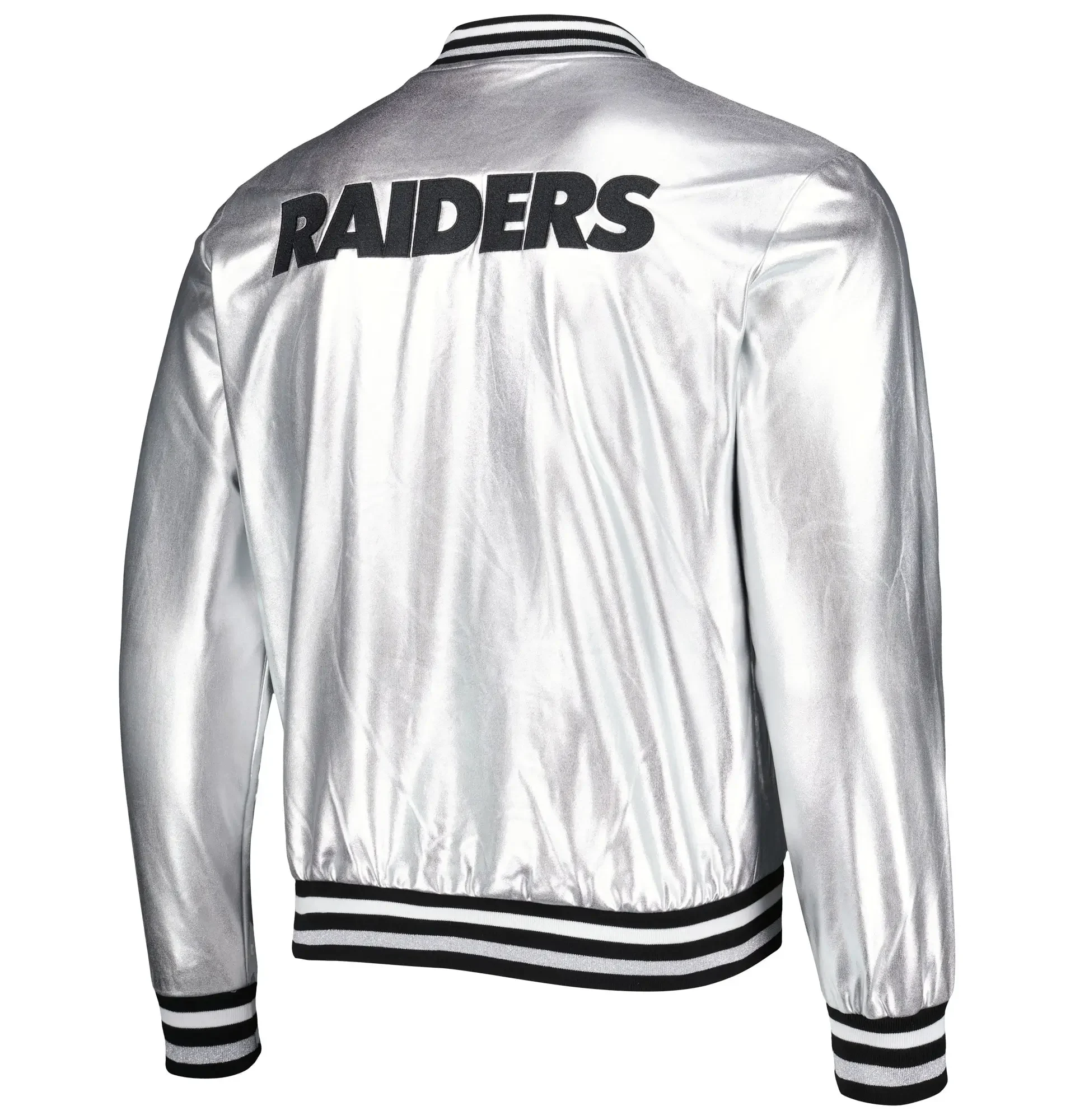 NFL-Las-Vegas-Raiders-The-Wild-Collective-Metallic-Silver-Bomber-Jacket-LeatherMoto
