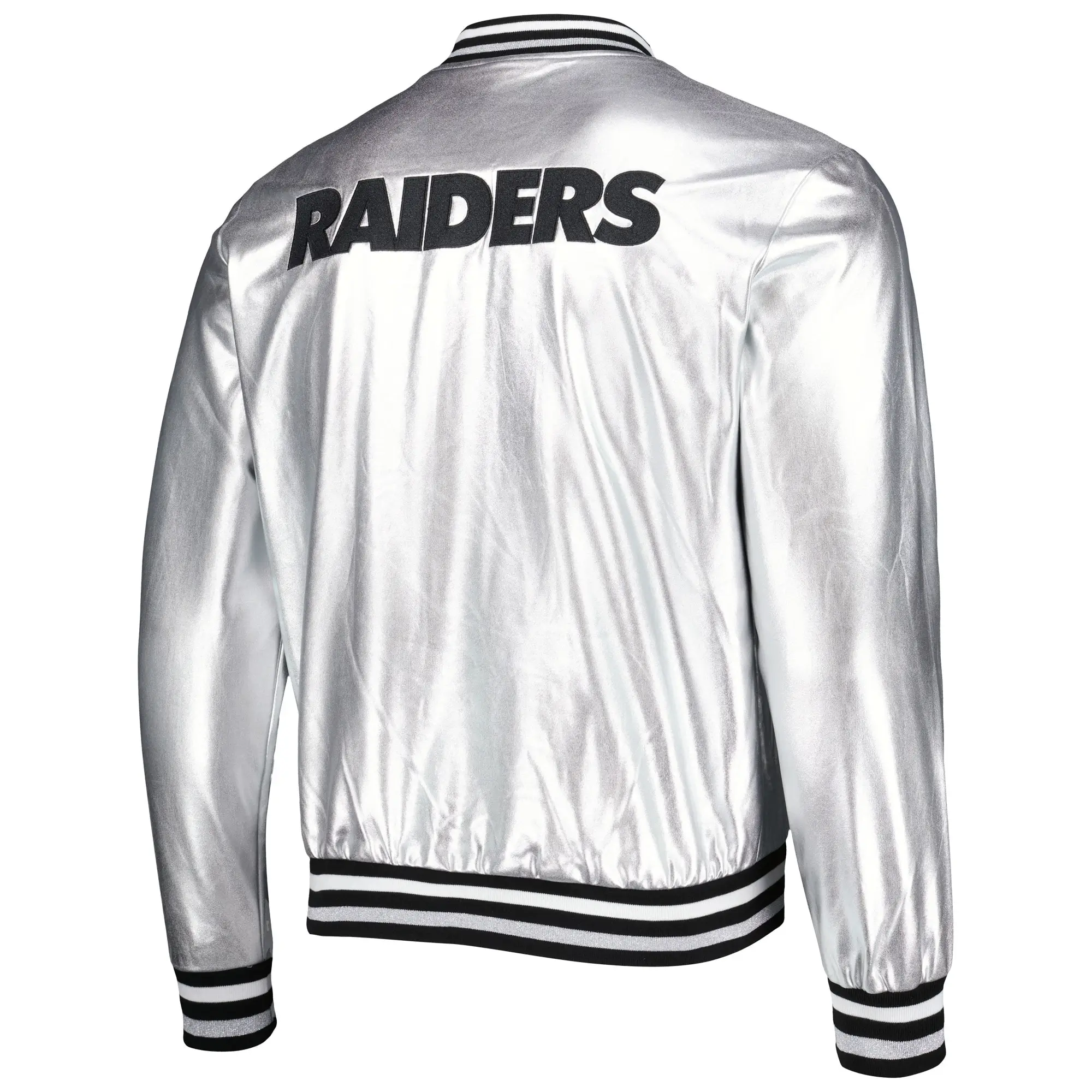 NFL-Las-Vegas-Raiders-The-Wild-Collective-Metallic-Silver-Bomber-Jacket-LeatherMoto