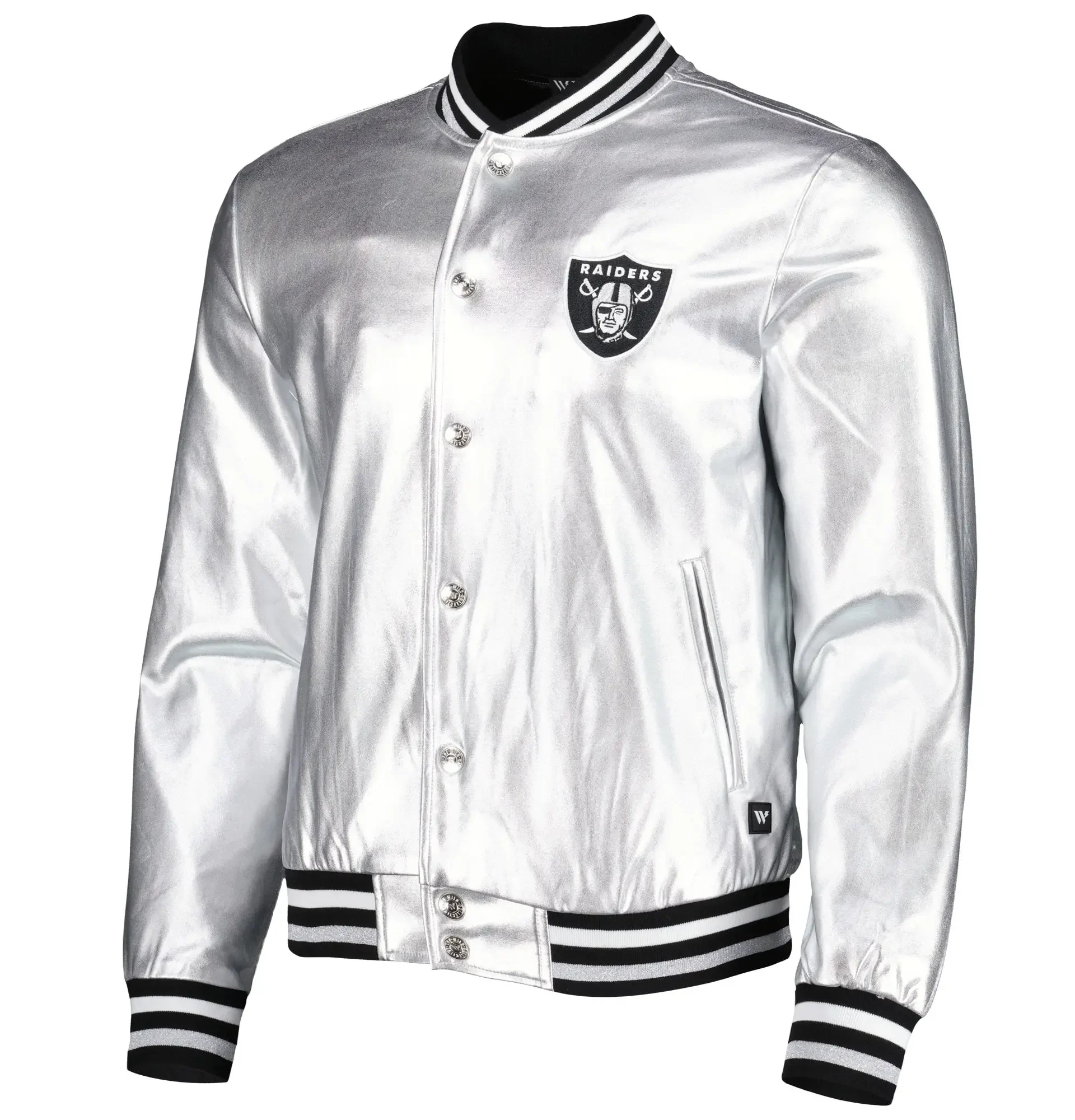 NFL-Las-Vegas-Raiders-The-Wild-Collective-Metallic-Silver-Bomber-Jacket-LeatherMoto