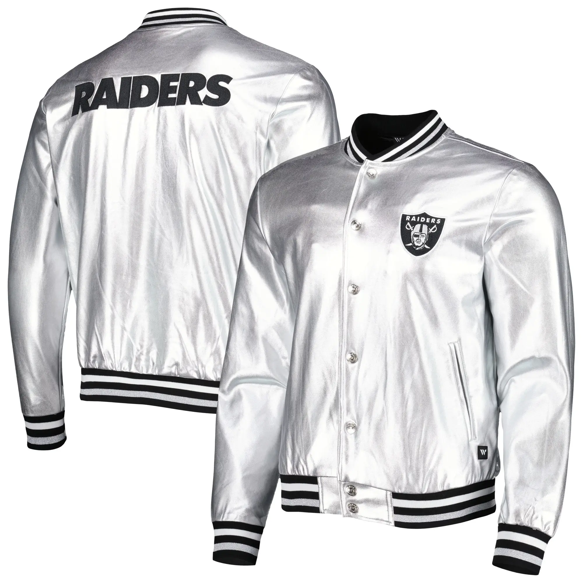 NFL-Las-Vegas-Raiders-The-Wild-Collective-Metallic-Silver-Bomber-Jacket-LeatherMoto