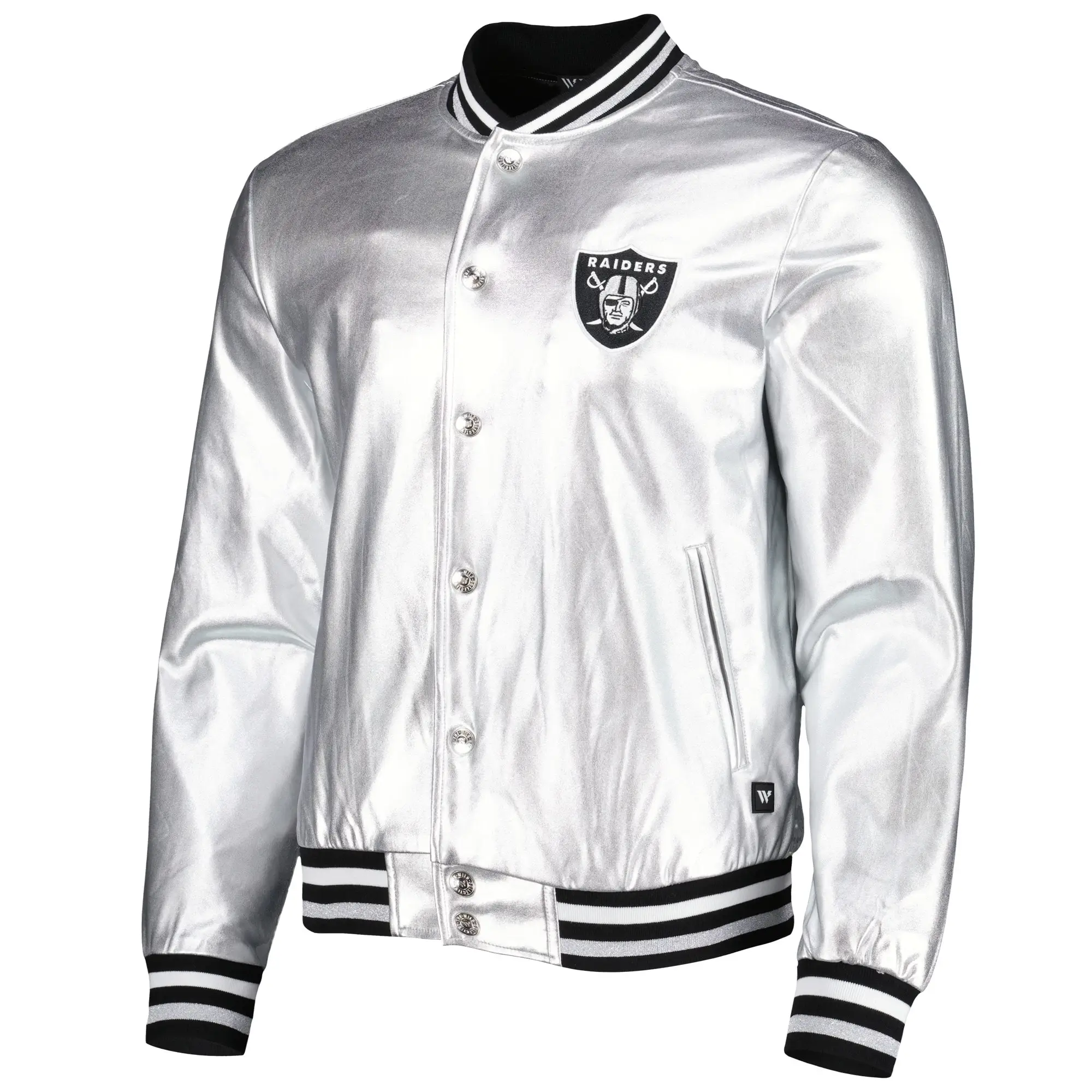 NFL-Las-Vegas-Raiders-The-Wild-Collective-Metallic-Silver-Bomber-Jacket-LeatherMoto