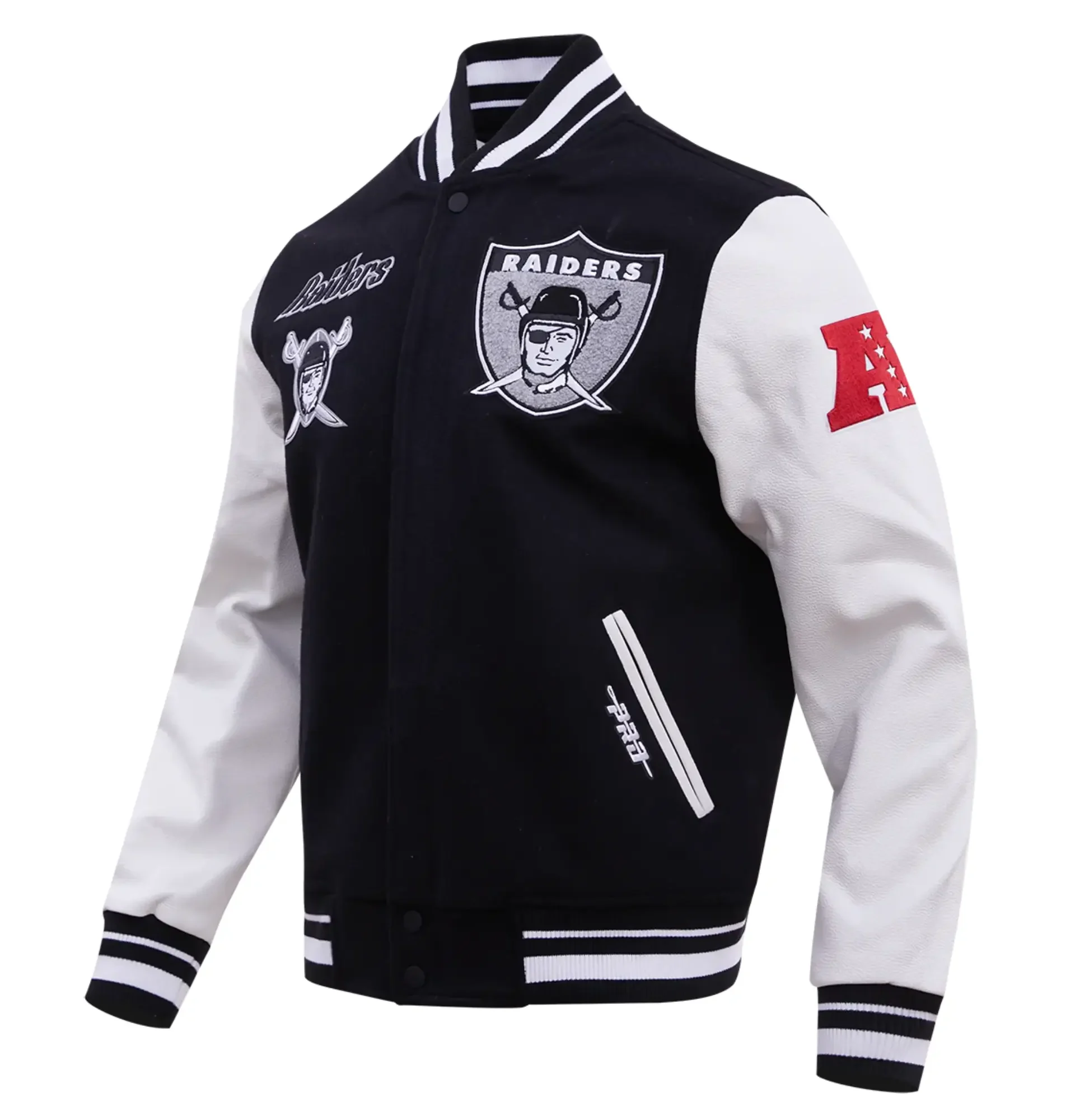 NFL-Los-Vegas-Raiders-Pro-Standard-Logo-Classic-Black-White-Varsity-Jacket-LeatherMoto