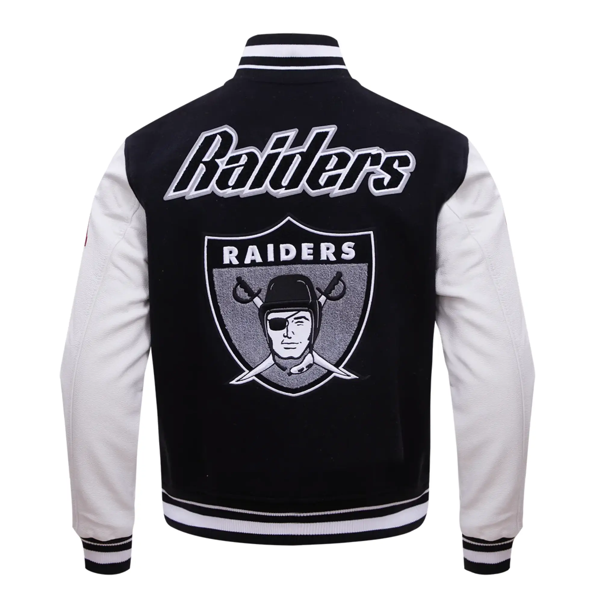 NFL-Los-Vegas-Raiders-Pro-Standard-Logo-Classic-Black-White-Varsity-Jacket-LeatherMoto