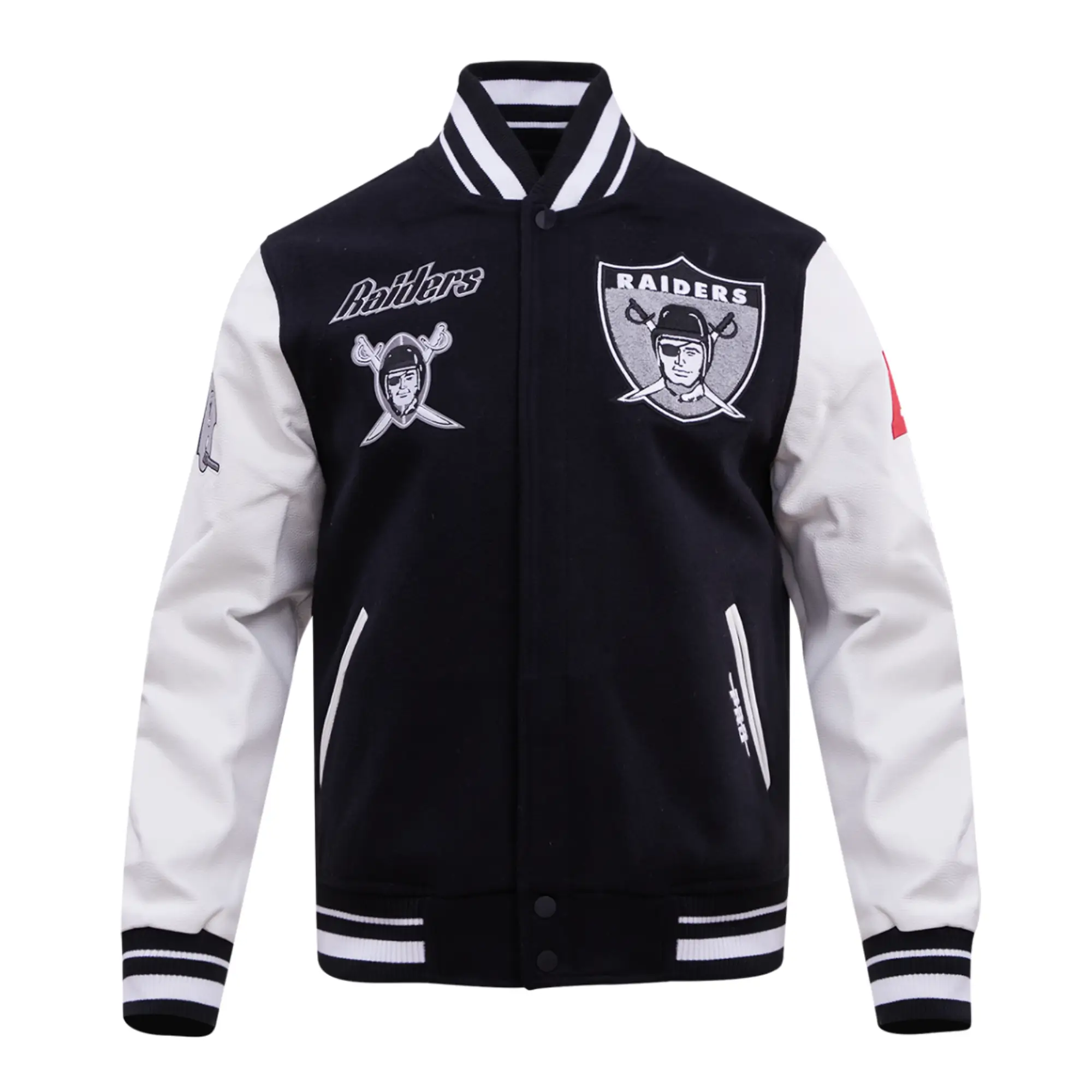NFL-Los-Vegas-Raiders-Pro-Standard-Logo-Classic-Black-White-Varsity-Jacket-LeatherMoto