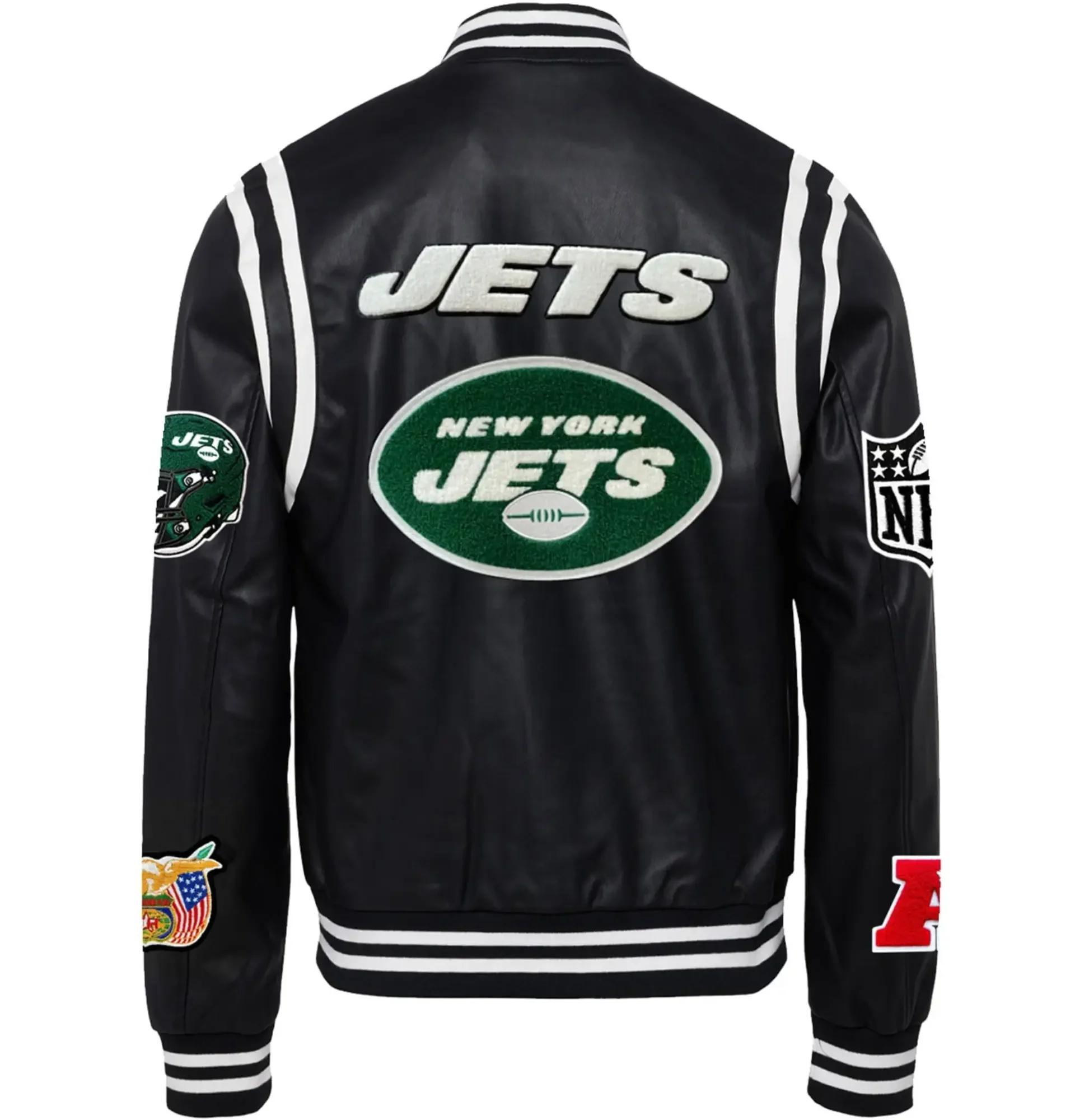 New-York-Jets-Jeff-Hamilton-Black-Vegan-Leather-Full-Snap-Varsity-Jacket-LeatherMoto