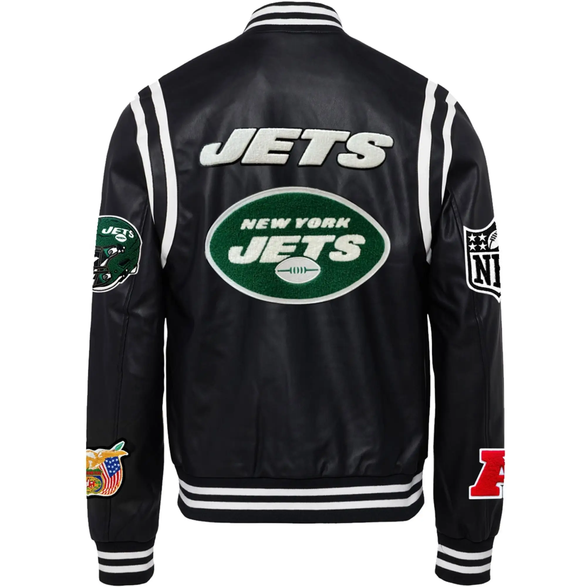 New-York-Jets-Jeff-Hamilton-Black-Vegan-Leather-Full-Snap-Varsity-Jacket-LeatherMoto