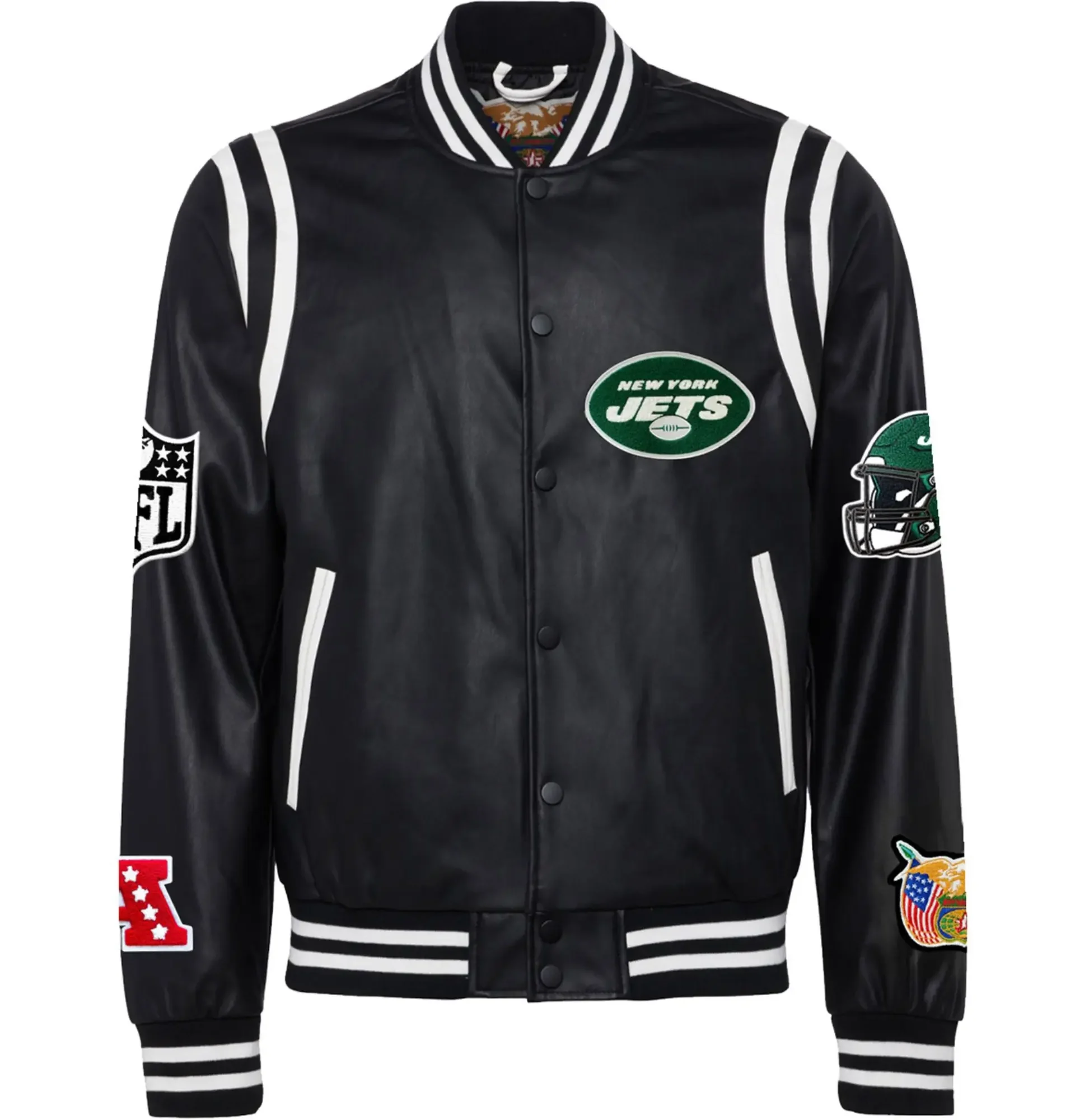 New-York-Jets-Jeff-Hamilton-Black-Vegan-Leather-Full-Snap-Varsity-Jacket-LeatherMoto