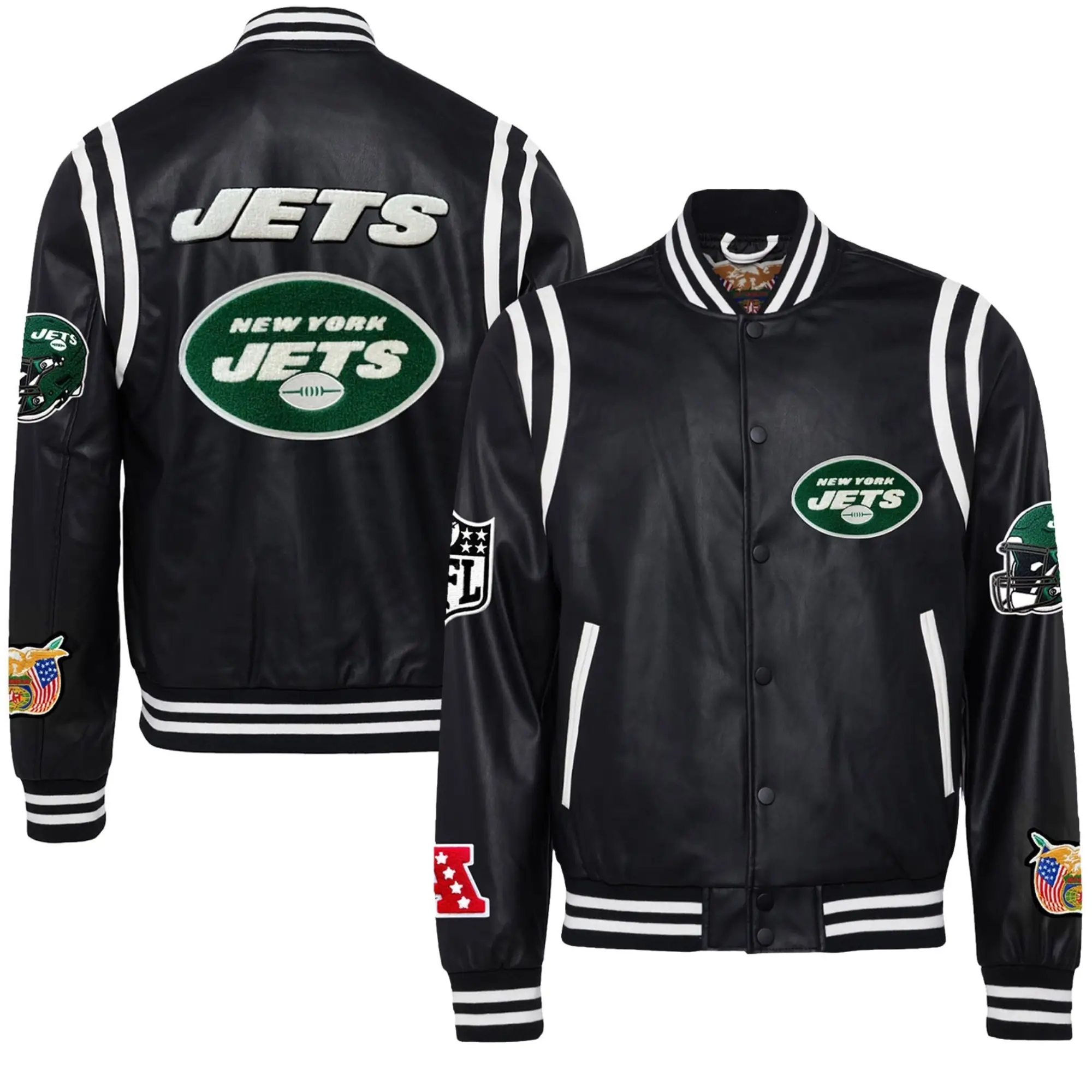 New-York-Jets-Jeff-Hamilton-Black-Vegan-Leather-Full-Snap-Varsity-Jacket-LeatherMoto