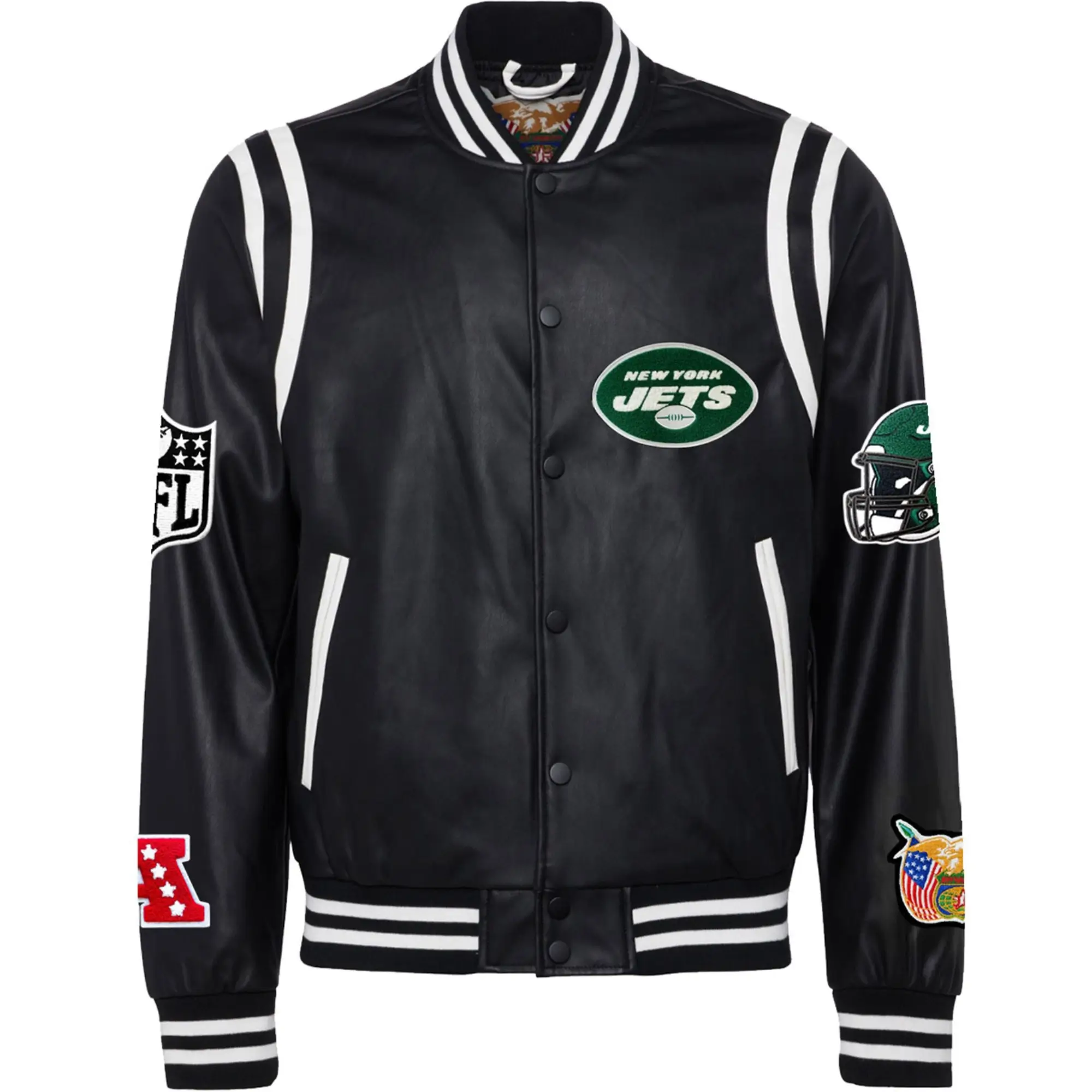 New-York-Jets-Jeff-Hamilton-Black-Vegan-Leather-Full-Snap-Varsity-Jacket-LeatherMoto