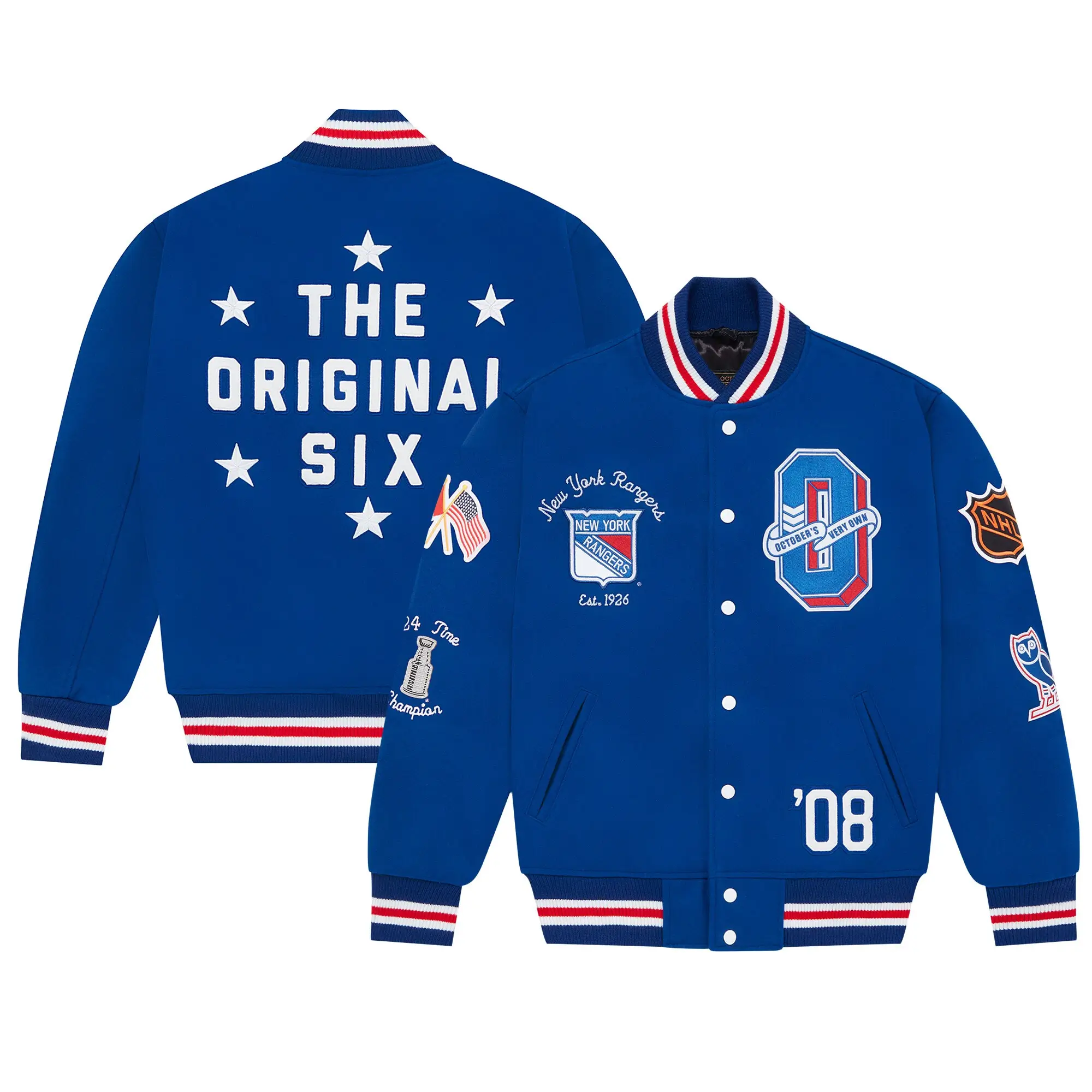 New-York-Rangers-OVO-x-NHL-Blue-Full-Snap-Varsity-Jacket-leather moto (2)