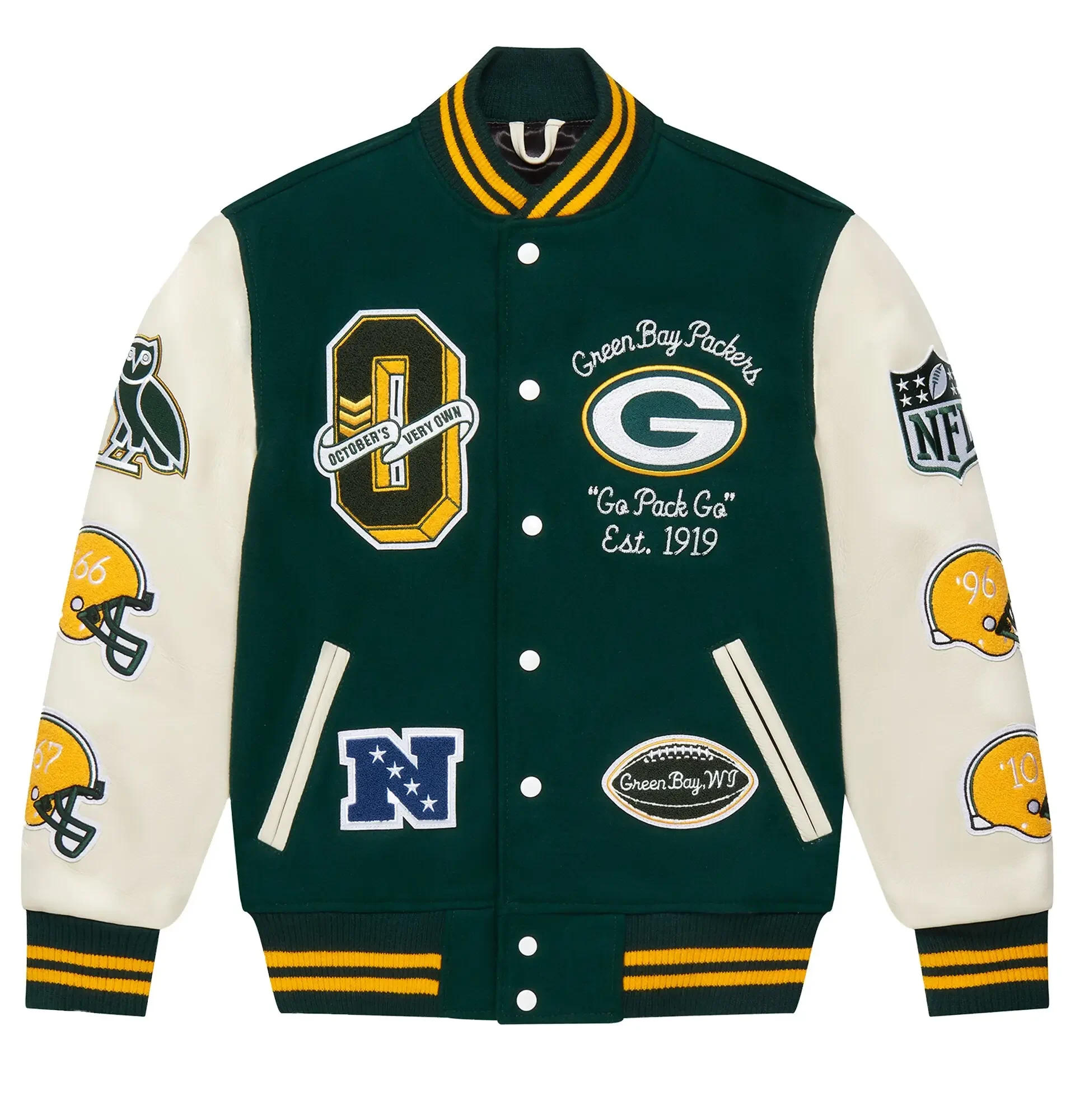 OVO-x-NFL-Green-Bay-Packers-Green-Full-Snap-Varsity-Jacket-leather moto (1)