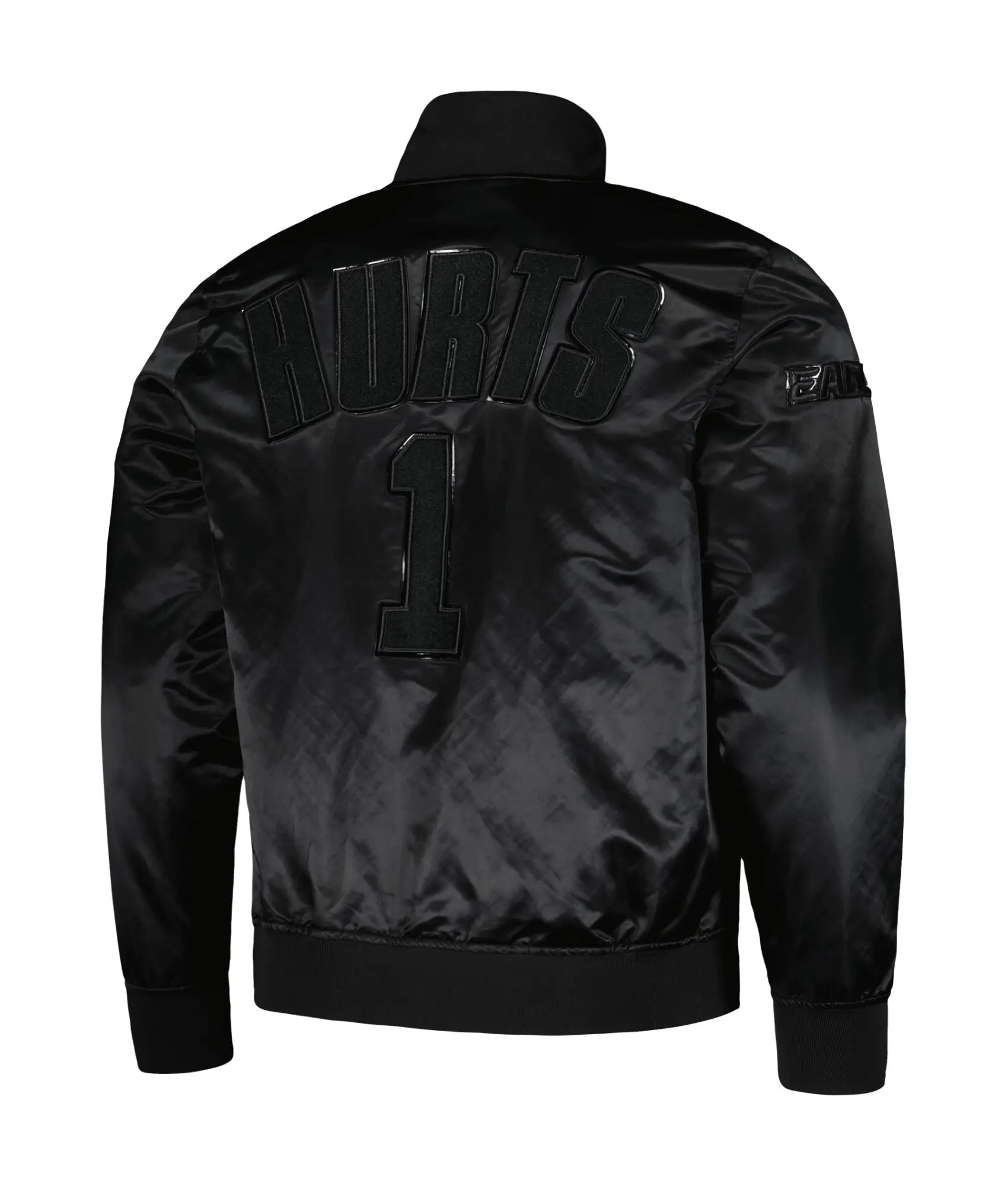 Philadelphia-Eagles-Jalen-Hurts-Logo-Pro-Standard-Player-Full-Snap-Black-Satin-Varsity-Jacket-LeatherMoto