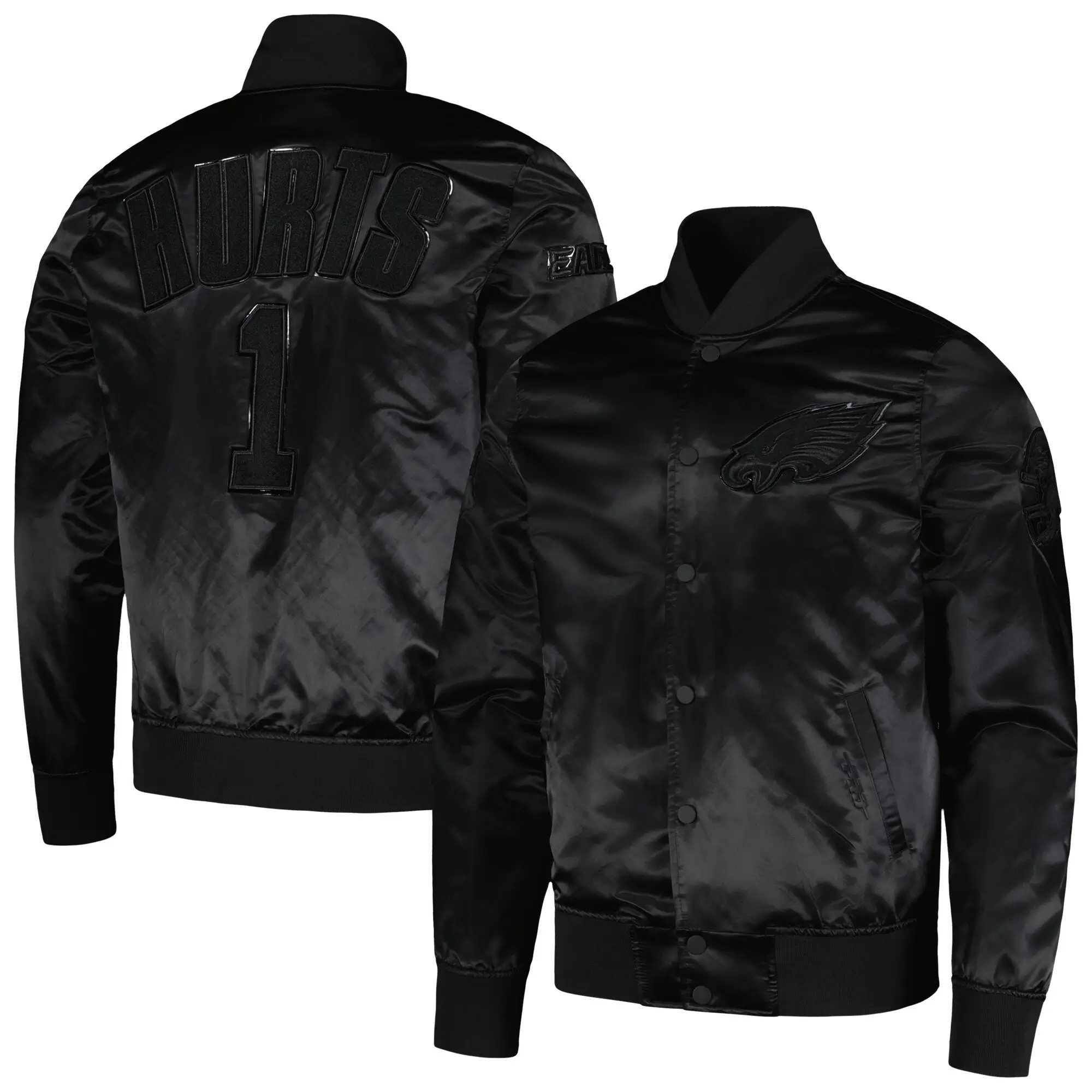 Philadelphia-Eagles-Jalen-Hurts-Logo-Pro-Standard-Player-Full-Snap-Black-Satin-Varsity-Jacket-LeatherMoto