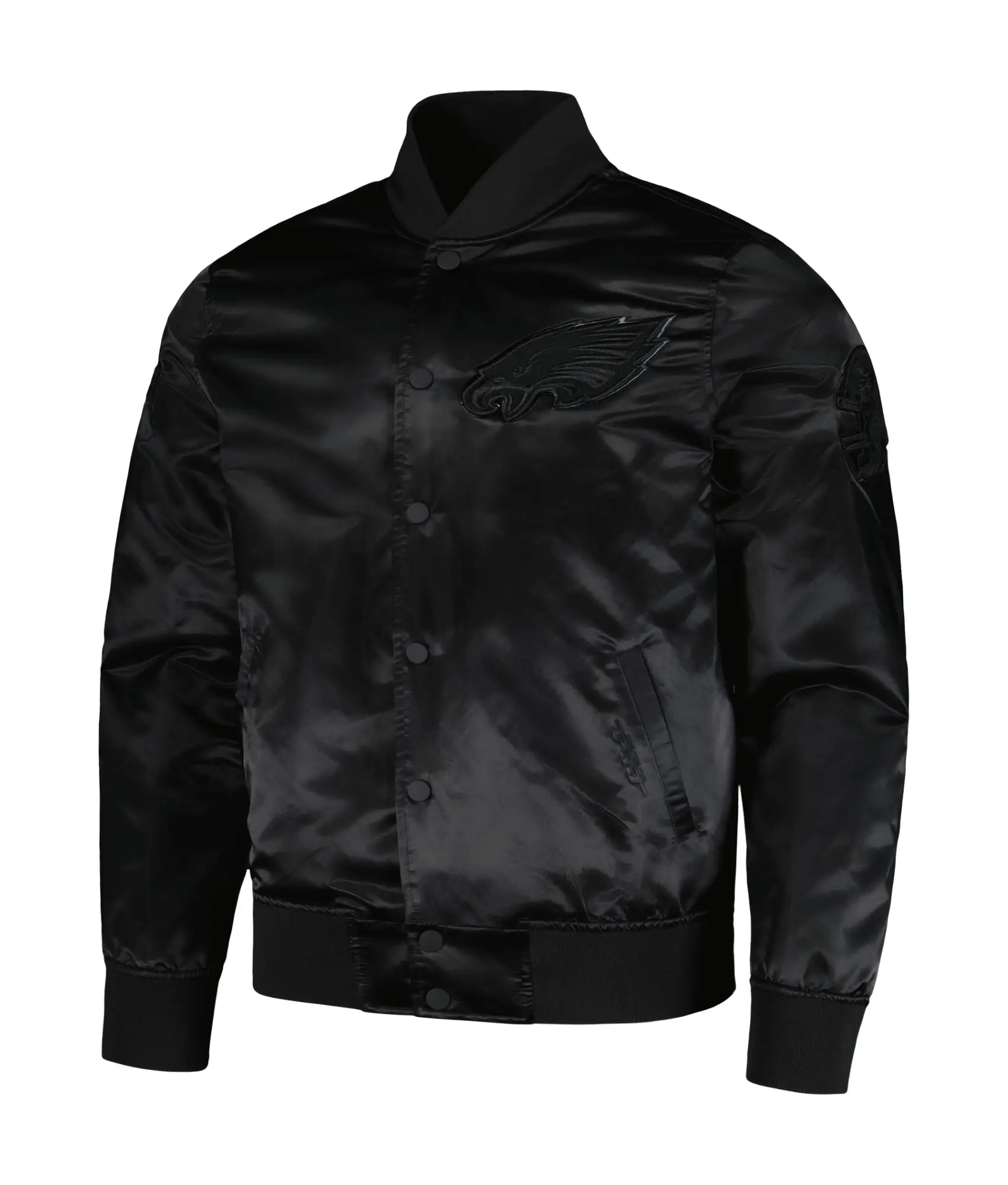 Philadelphia-Eagles-Jalen-Hurts-Logo-Pro-Standard-Player-Full-Snap-Black-Satin-Varsity-Jacket-LeatherMoto