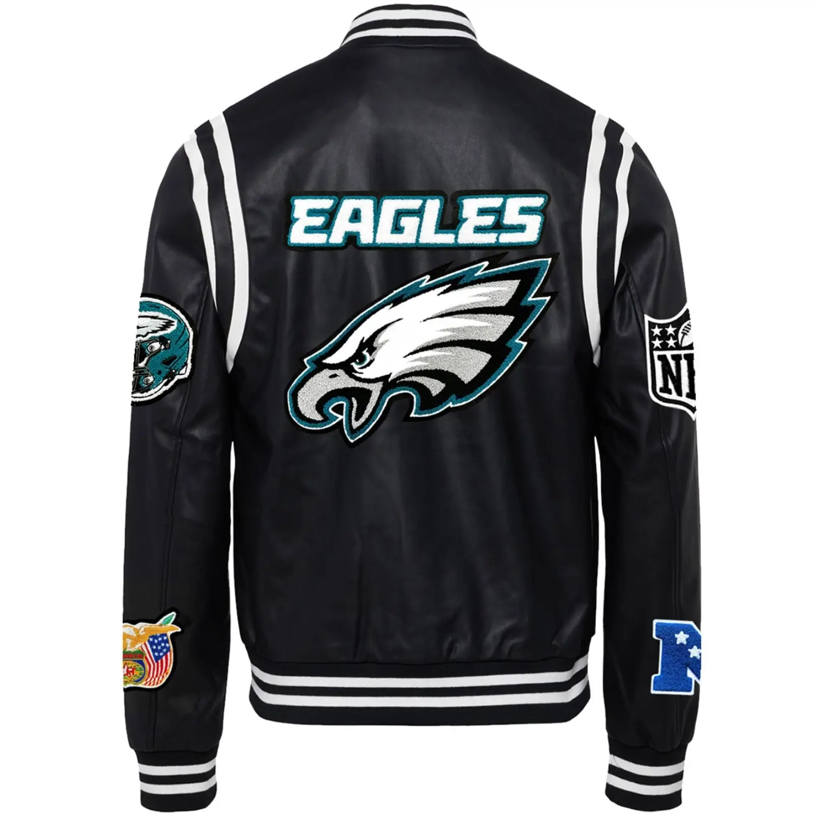 Philadelphia-Eagles-Jeff-Hamilton-Black-Leather-Full-Snap-Varsity-Jacket-LeatherMoto