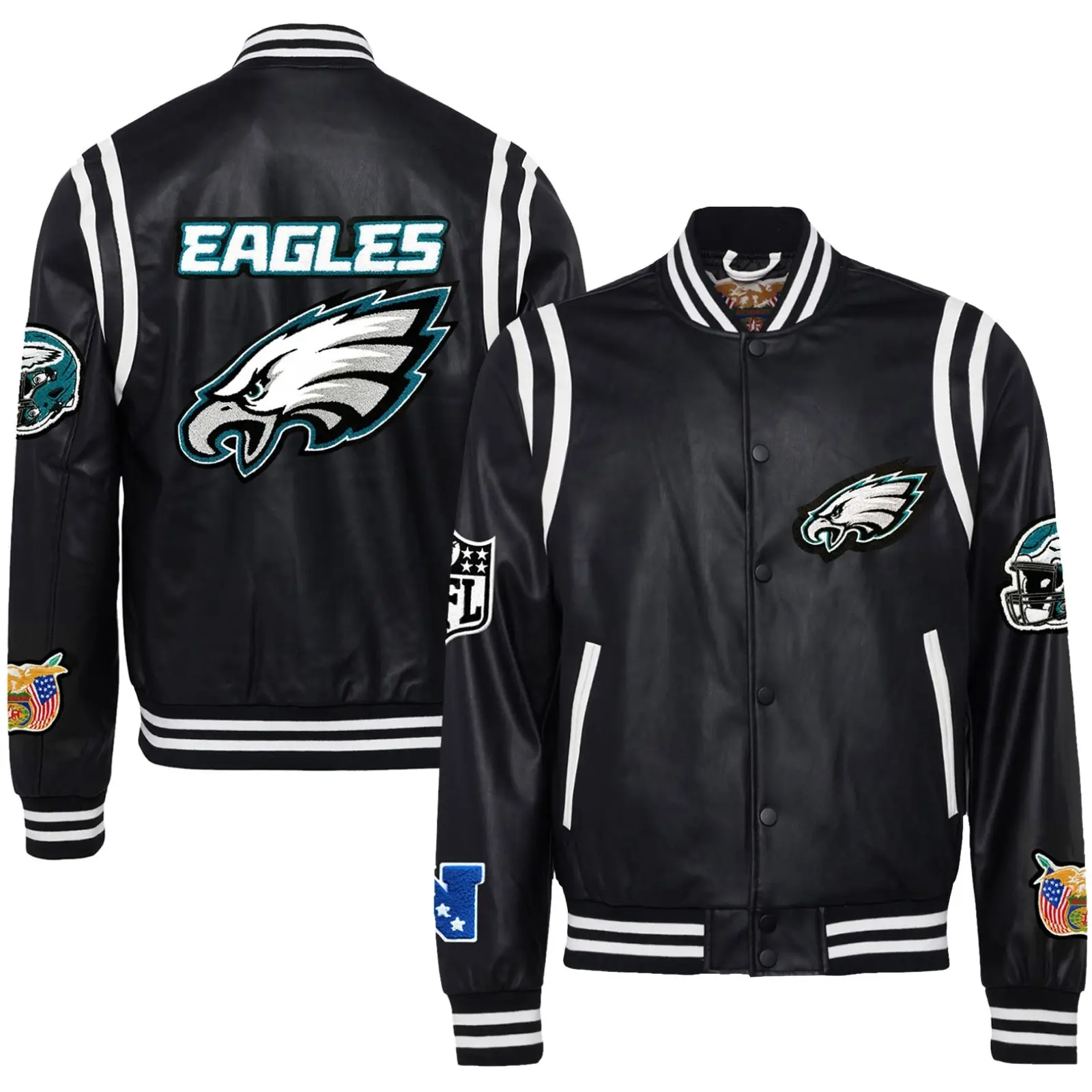Philadelphia-Eagles-Jeff-Hamilton-Black-Leather-Full-Snap-Varsity-Jacket-LeatherMoto