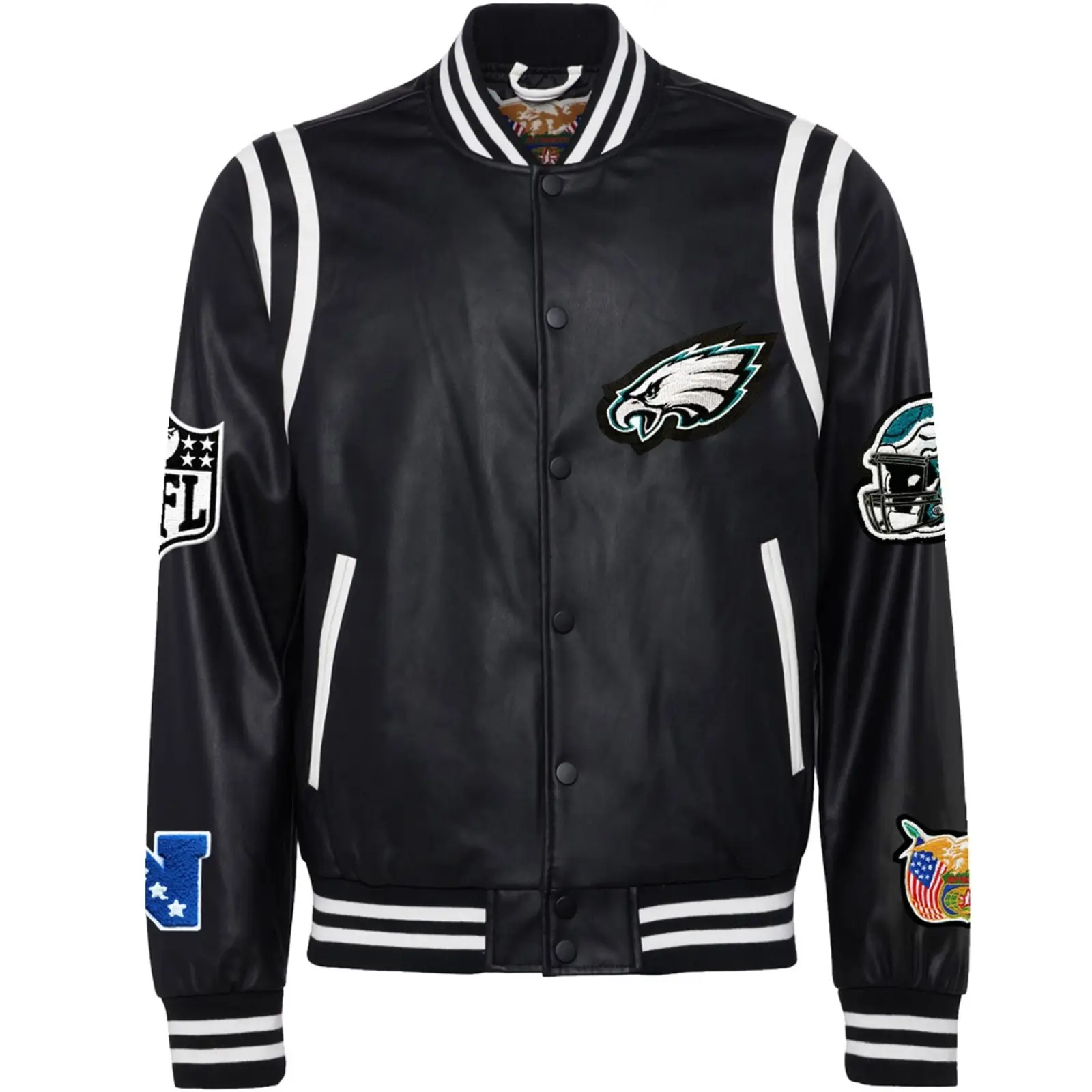 Philadelphia-Eagles-Jeff-Hamilton-Black-Leather-Full-Snap-Varsity-Jacket-LeatherMoto