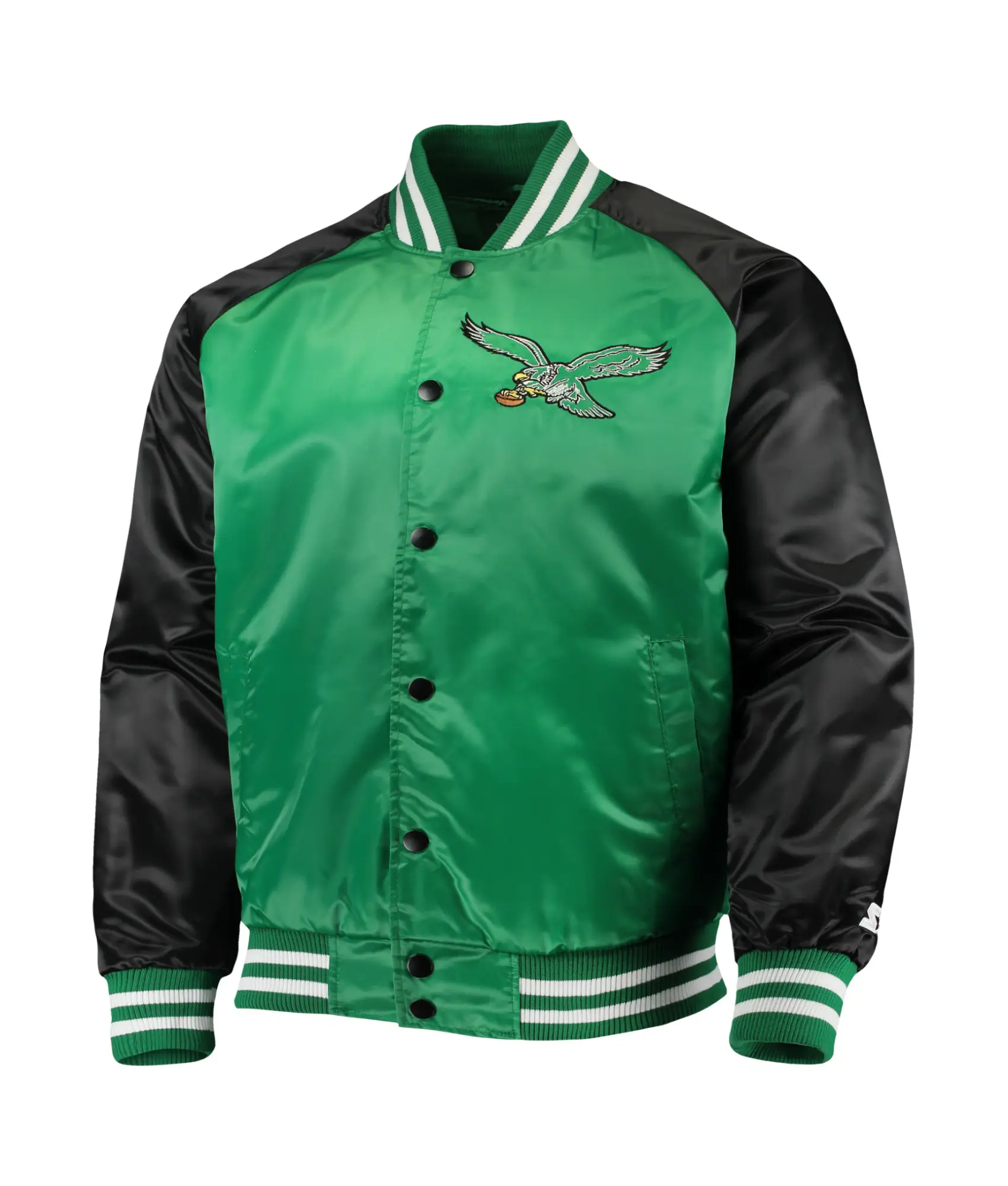 Philadelphia-Eagles-Lead-Off-Starter-Green-Black-Satin-Varsity-Jacket-LeatherMoto