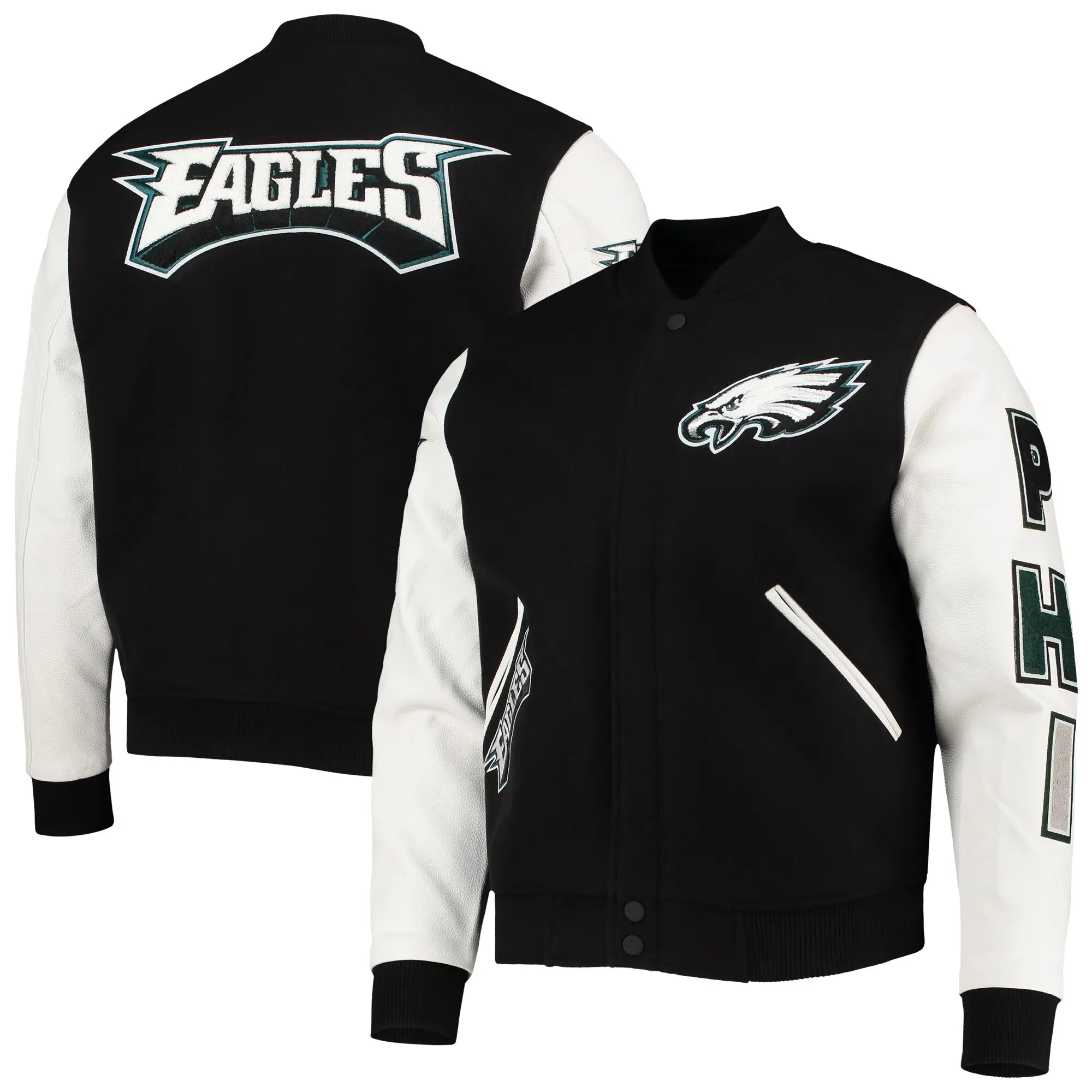 Philadelphia-Eagles-Pro-Standard-Logo-Full-Zip-BlackWhite-Varsity-Jacket-LeatherMoto