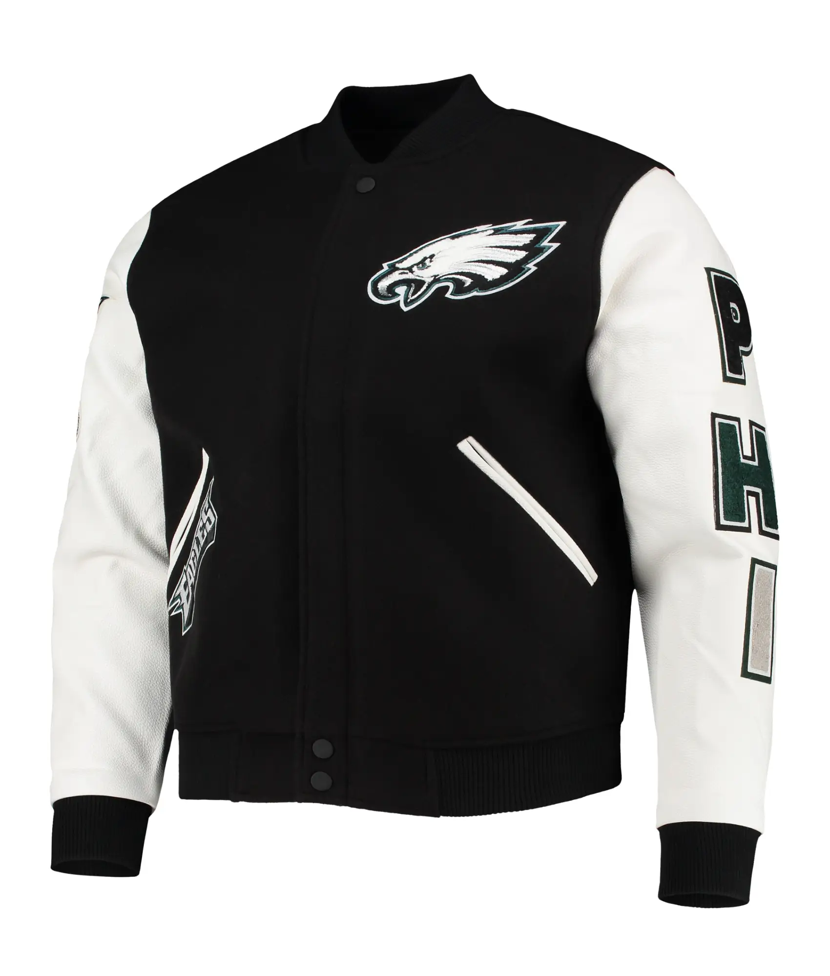 Philadelphia-Eagles-Pro-Standard-Logo-Full-Zip-BlackWhite-Varsity-Jacket-LeatherMoto