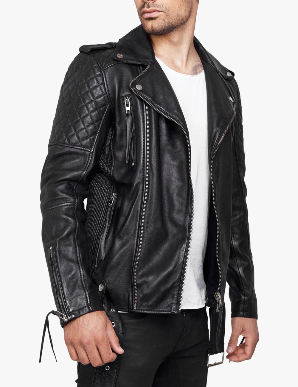 Premium Black Leather Biker Jacket for Men – Classic Moto Design with Quilted Shoulders (6)