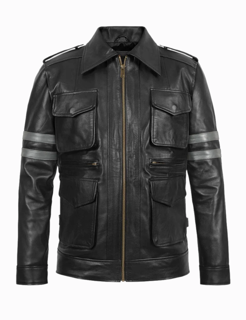Resident Evil Inspired Black Leather Jacket – Tactical Style with Pockets and Arm Detailing (1)