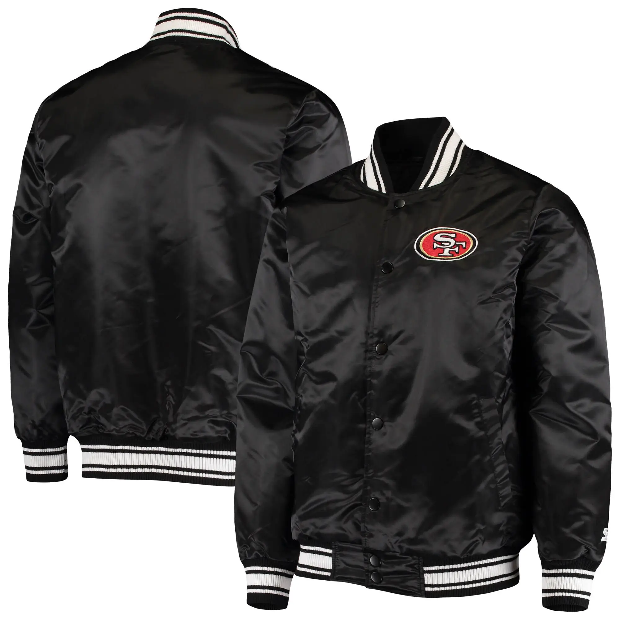 San-Francisco-49ers-Starter-Locker-Room-Full-Snap-Black-Satin-Varsity-Jacket-LeatherMoto