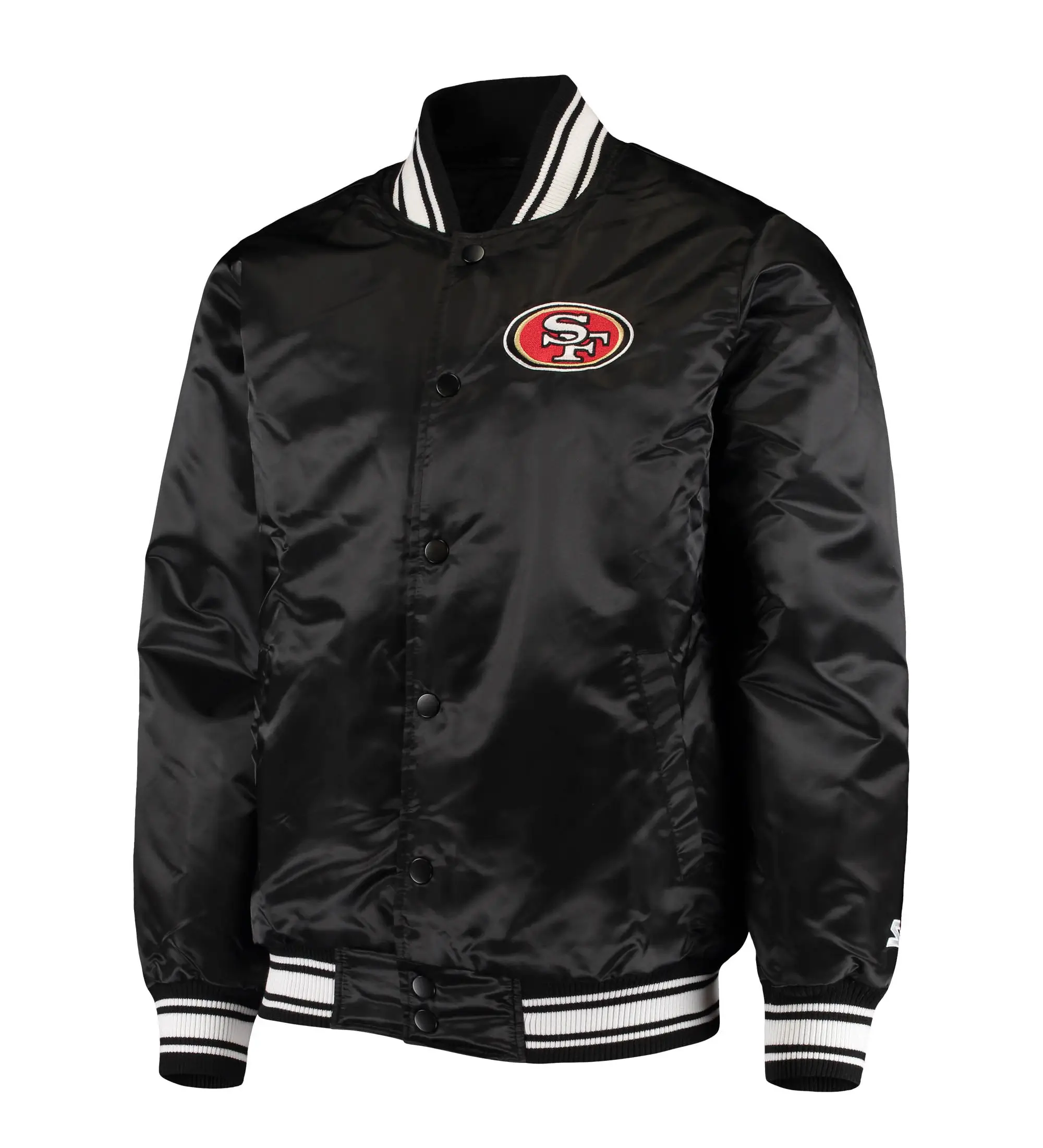 San-Francisco-49ers-Starter-Locker-Room-Full-Snap-Black-Satin-Varsity-Jacket-LeatherMoto