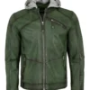 Sleek Urban Men's Dark Green Leather Moto Jacket with Removable Hooded (1)