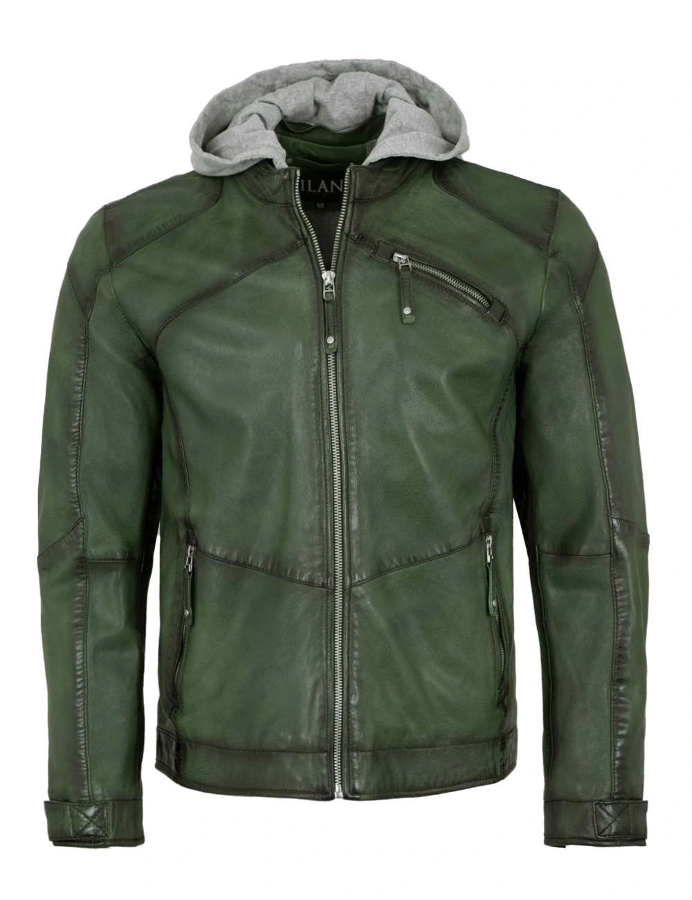Sleek Urban Men's Dark Green Leather Moto Jacket with Removable Hooded (1)