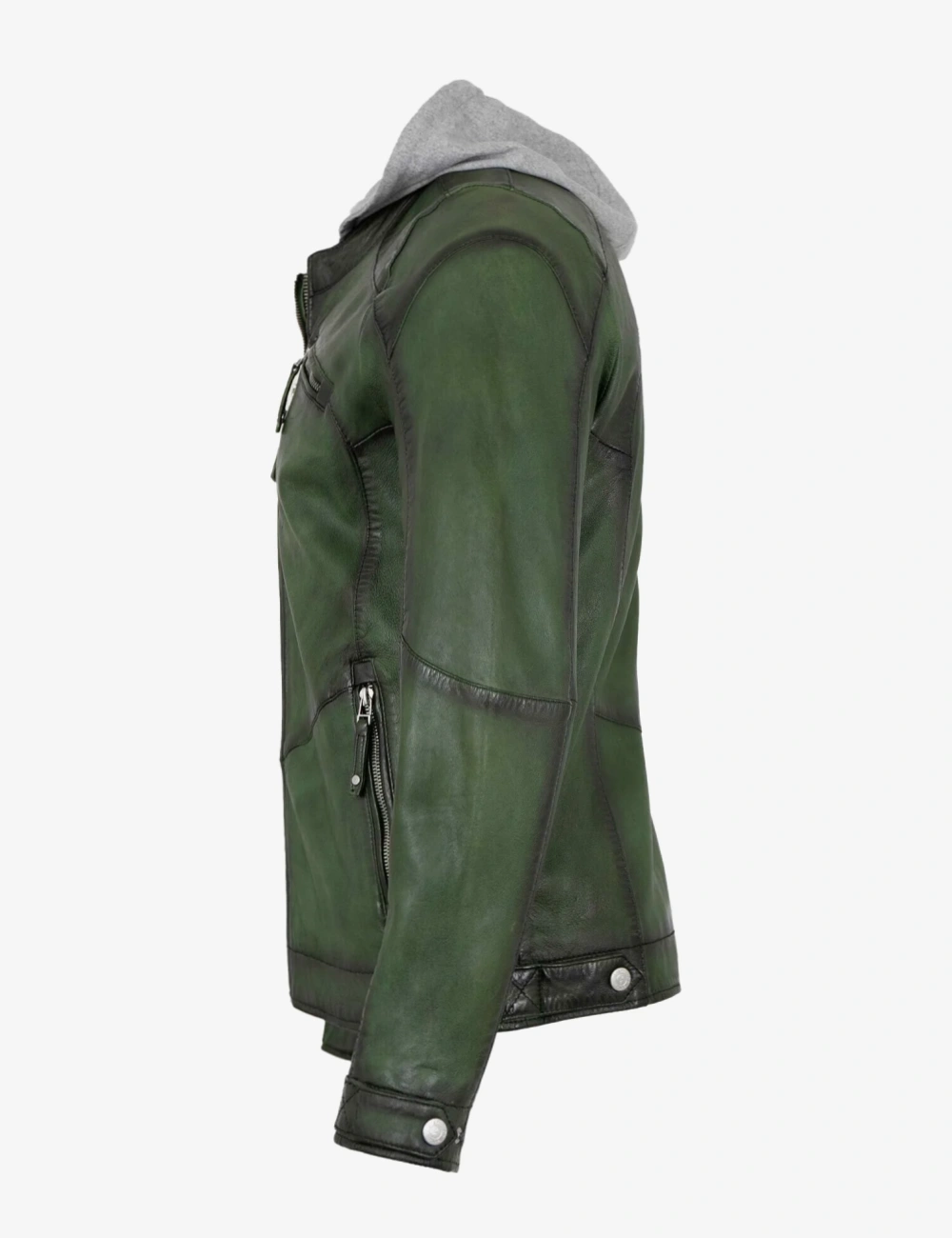 Sleek Urban Men's Dark Green Leather Moto Jacket with Removable Hooded (3)