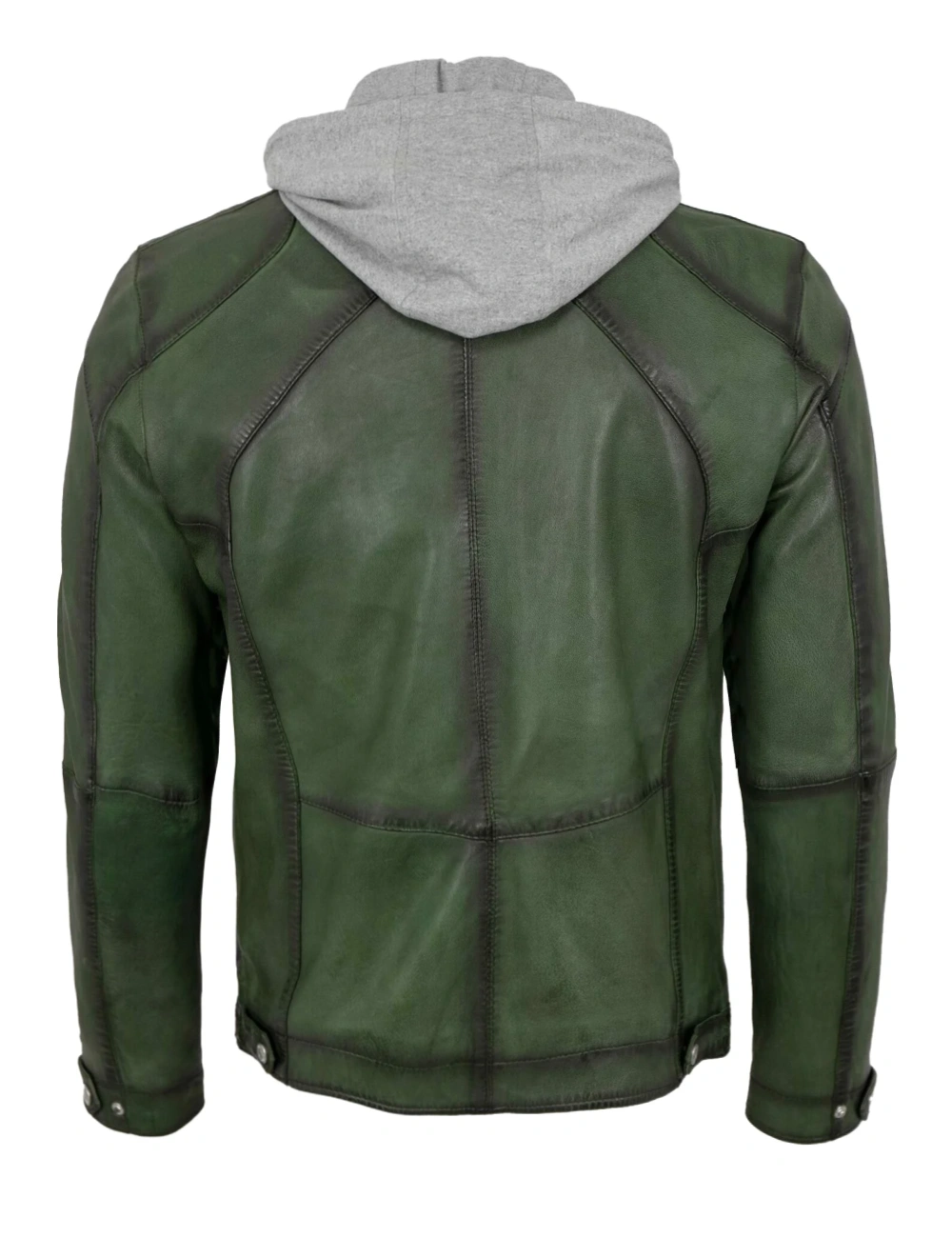 Sleek Urban Men's Dark Green Leather Moto Jacket with Removable Hooded (5)