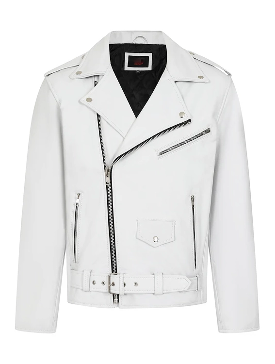 Snowstorm White Leather Biker Jacket – Standout Moto Design with Clean Lines and Belted Waist (1)