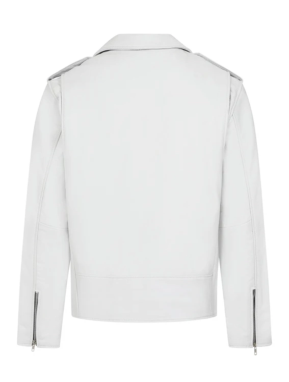 Snowstorm White Leather Biker Jacket – Standout Moto Design with Clean Lines and Belted Waist (2)