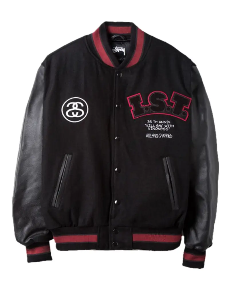 Stussy-35th-IST-Milano-Chapter-International-Black-Wool-Leather-Varsity-Jacket leather moto