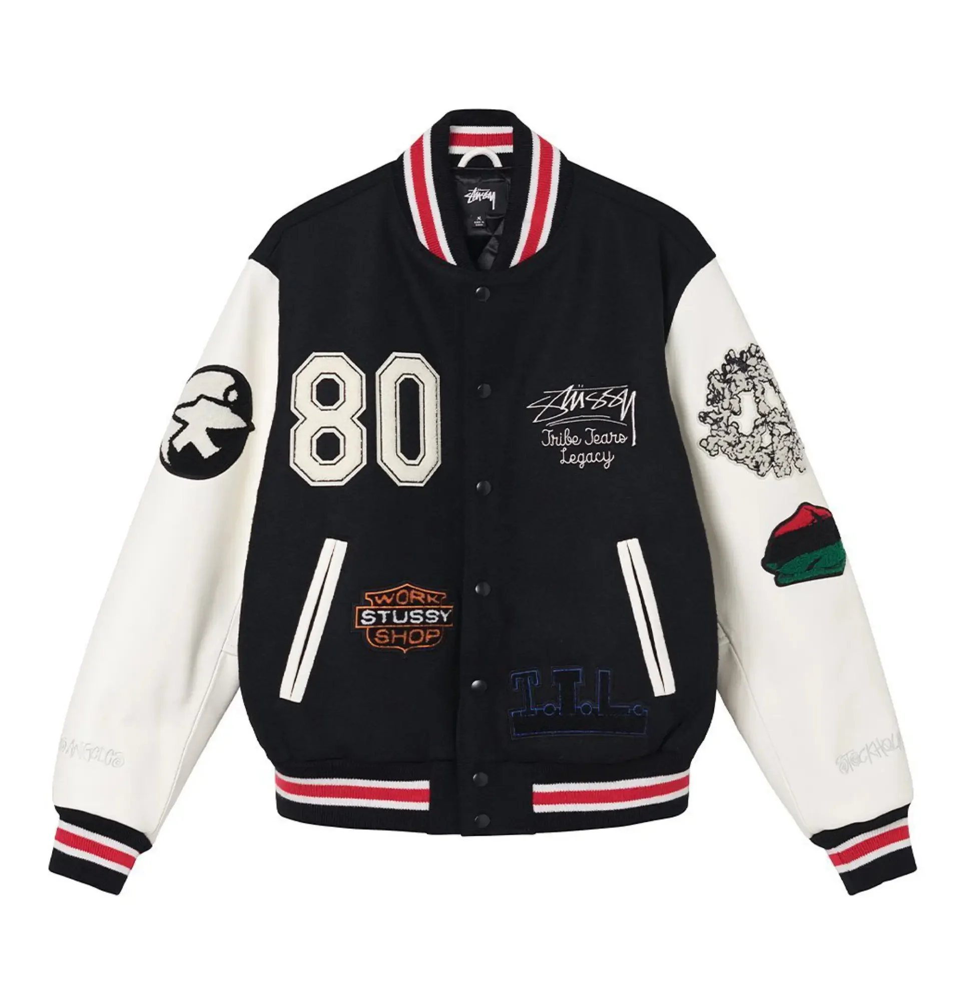 Stussy-x-Denim-Tears-X-Our-Legacy-TTL-Black-Off-White-Varsity-Jacket- leather moto