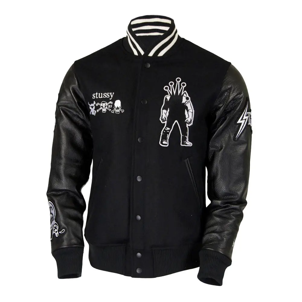 Stussy-x-Kostas-Seremetis-Black-Wool-Leather-Varsity-Jacket-leather moto