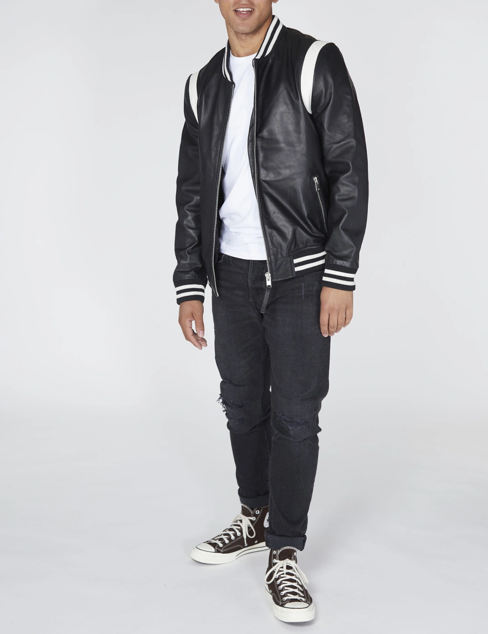 Vaxton White Striped Hybrid Full Leather Varsity Jacket (2)
