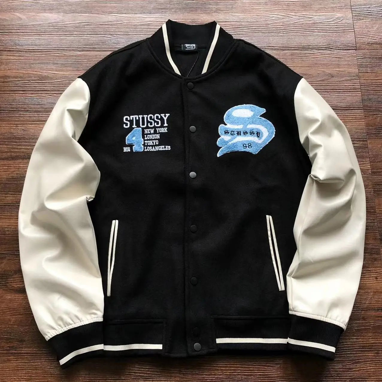 Vintage-Stussy-Big-4-Wool-Black-Leather moto