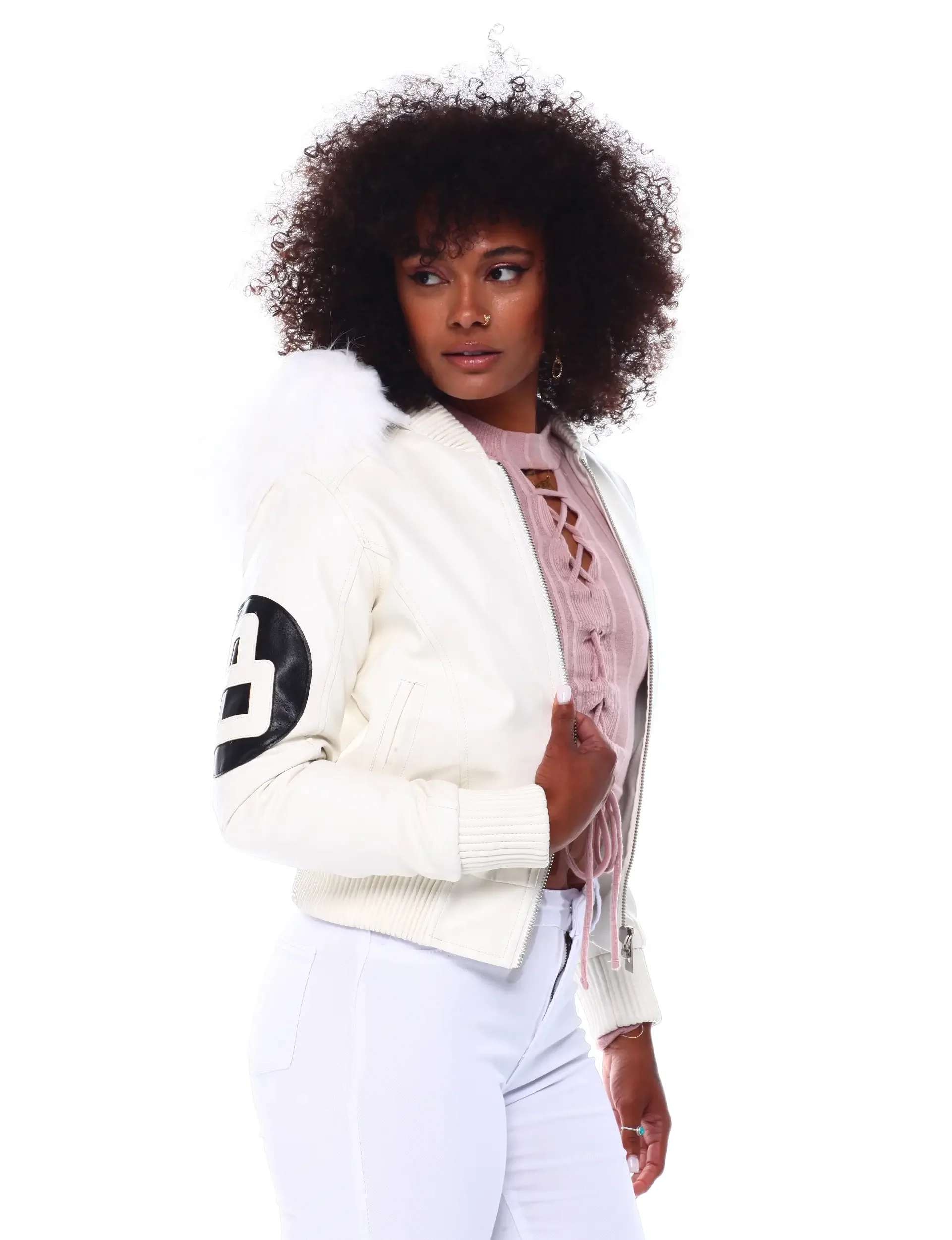 Womens-8-Ball-White-Bomber-Leather-Team Jacket