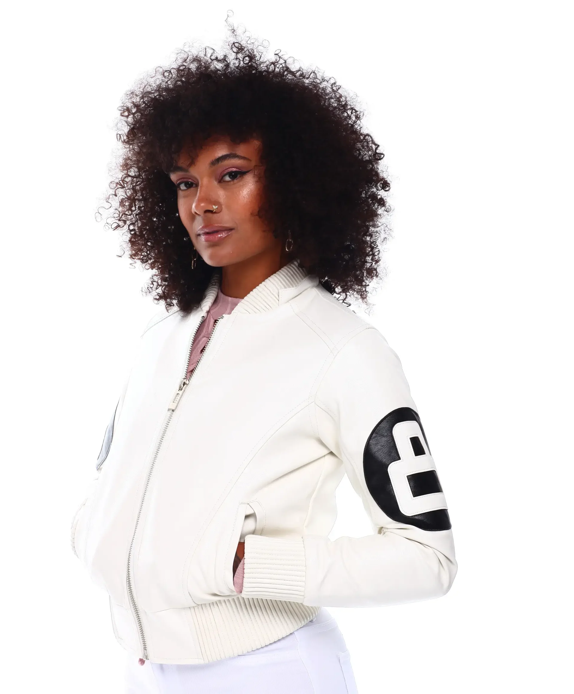 Womens-8-Ball-White-Bomber-Leather-Team Jacket
